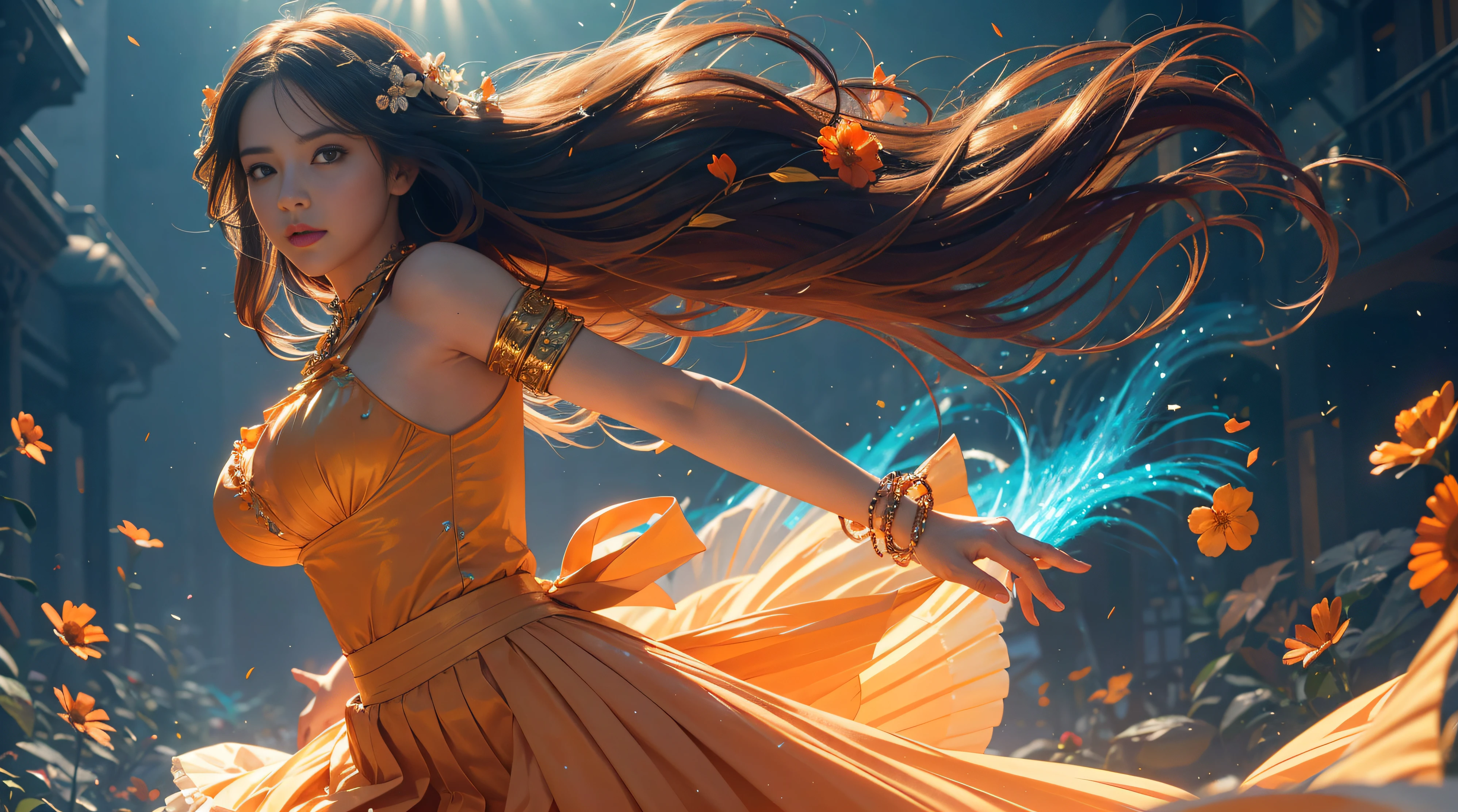 Movie stills, 1 girl, flowing hair, (glowing dress), colorful pleated skirt, running in the flowers, looking back, large breasts,sagging breasts, dreamy scenes, exquisite facial features, extremely beautiful face, clear details, soft lighting background, light particles, blue and orange lighting, masterpiece, best quality