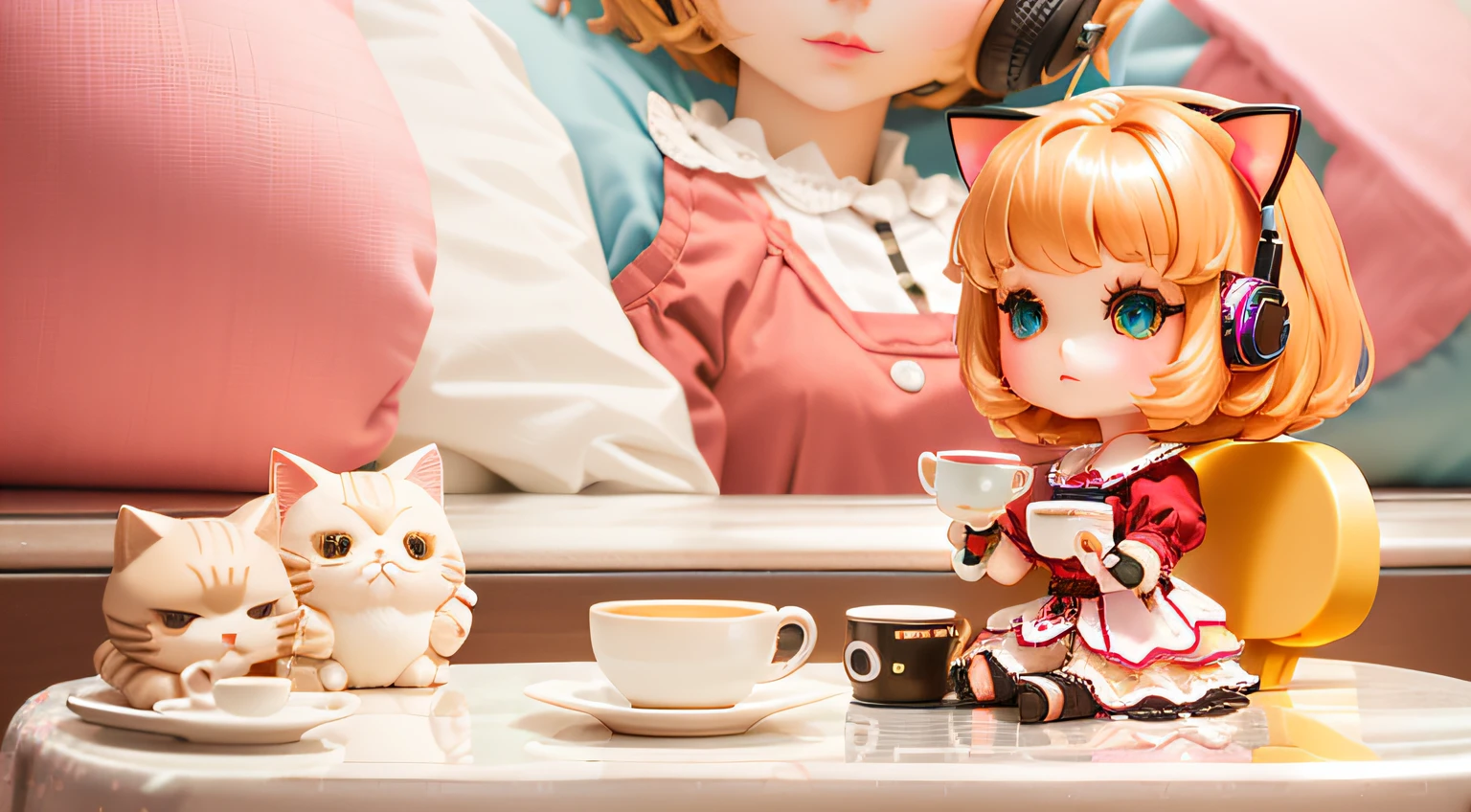 Short hair doll sitting at a small table drinking coffee,style as nendoroid, Cute shape:2, Cute Pocelain doll, Cat ear headphones, Long cat tail, plushie photography, a skirt, toy photography, anime barbie doll, JDM, dollfie dream, Portrait shooting, nendroid, Cuteness, Super cute, adolable