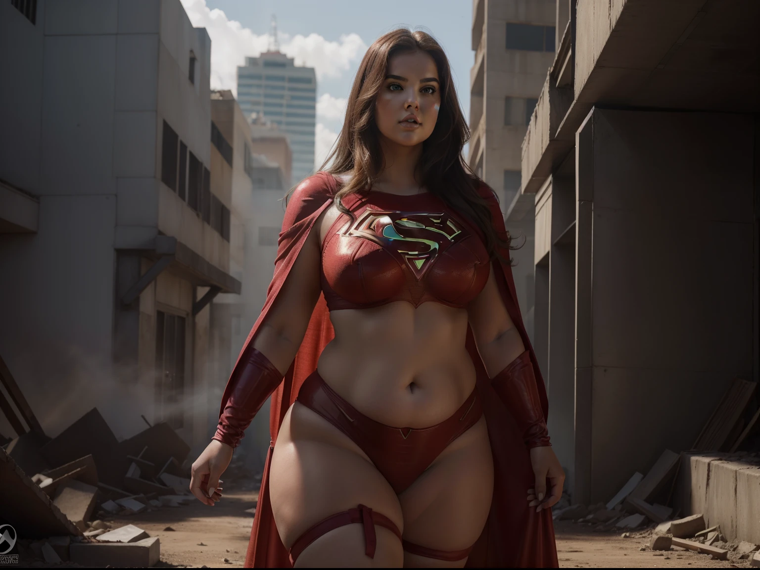 Loira plus size supergirl, Background of an apocalyptic destroyed city, (((master part, best quality, Ultra Detalhado, alta qualidade, best resolution, Absurdo))), 1girl((Supergirl loira plus size), 30 anos, Beautiful woman, rosto detalhado, longos cabelos loiros, cabelos soltos, belos olhos azuis expressivos brilhantes, sexy, Corpo PlusSize, barriga saliente, Seios enormes:1.5 perfeitos, corpo inteiro, Fantasia sexy transparente Supergirl, calcinha vermelha.
