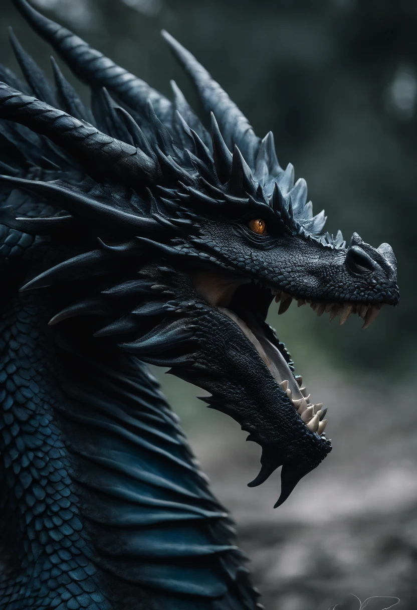 Grayish black scaled dragon, um par de patas, um par de asas, olhos azuis claro e gigantesco