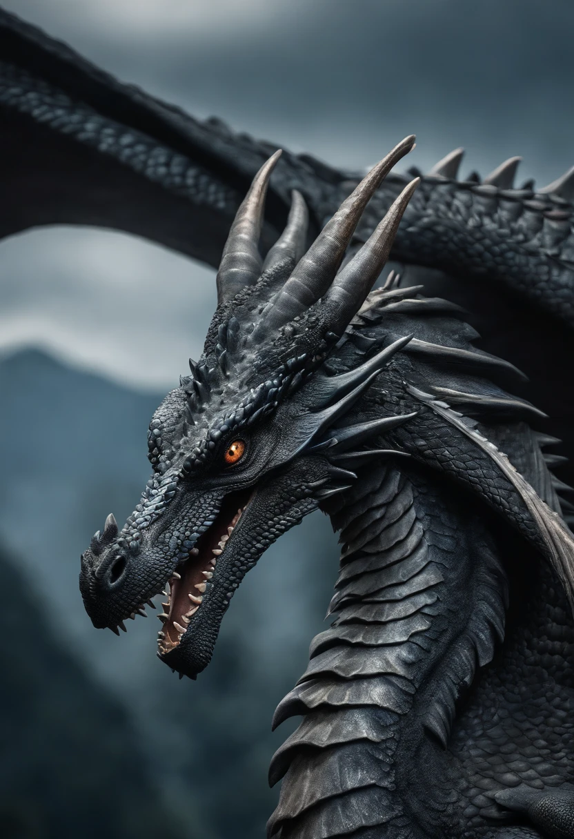 Grayish black scaled dragon, um par de patas, um par de asas, olhos azuis claro e gigantesco