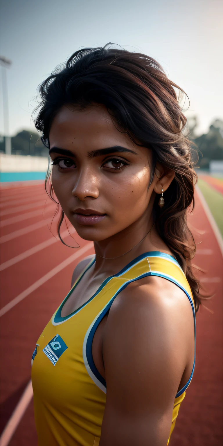 beautiful mature Indian college girl, in track outfit, outside on track field, ((slim, petite)), photorealistic, photo, masterpiece, realistic, realism, photorealism, high contrast, photorealistic digital art trending on Artstation 8k HD high definition detailed realistic, detailed, skin texture, hyper detailed, realistic skin texture, armature, best quality, ultra high res, (photorealistic:1.4),, high resolution, detailed, raw photo, sharp re, by lee jeffries nikon d850 film stock photograph 4 kodak portra 400 camera f1.6 lens rich colors hyper realistic lifelike texture dramatic lighting unrealengine trending on artstation cinestill 800,