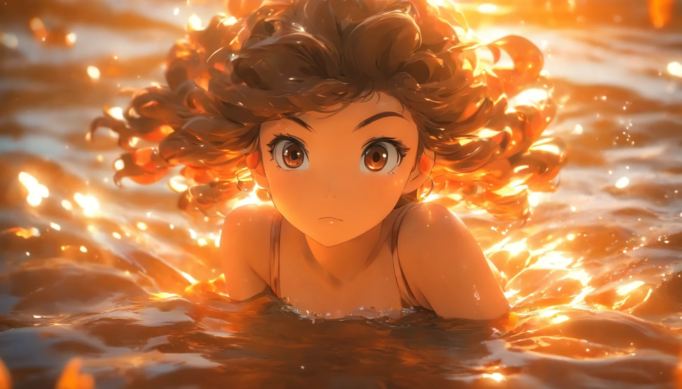 escorzo, Profundidad de campo, Obra maestra, La mejor calidad, 1girl, brown hair, brown eyes, Cabello largo, Submarino, burbuja de aire, solamente, Mirando al espectador, school swimsuit, swimming, Luz solar moteada, ((naked)