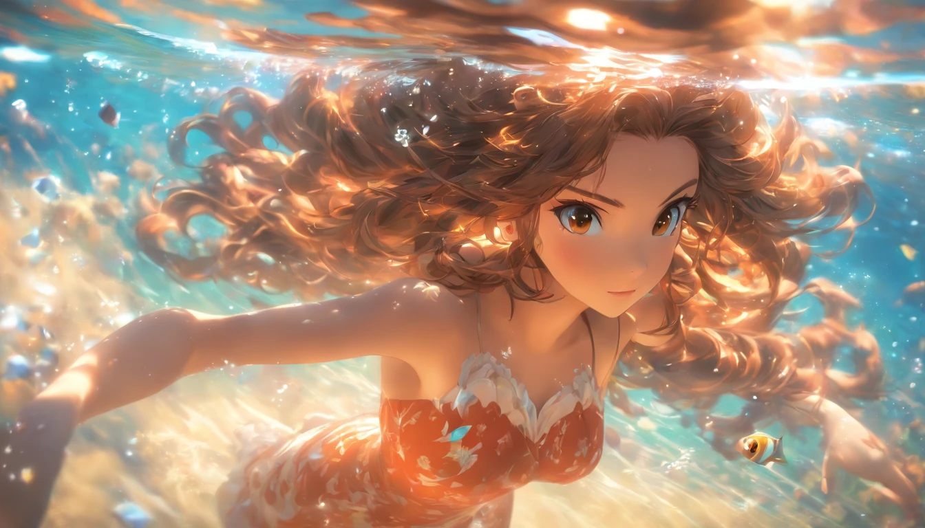tmasterpiece，Master of photography，8K，Highest image quality，beautiful beaches，1girll,artist_names,Bare_bshoulders,brown_Eyes,brown_Hair,crown,dress,Earrings,eyeslashes,Fire,Hair_decorations,jewelry,Lips,Patreon_user name,Solo,standing,No shoulder strap_dress,foreshortening, Depth of field, Masterpiece, Best quality, 1girll, Brown hair, Brown eyes, Long hair, Underwater, airbubble, Solo, view the viewer, School swim wear, Swimming, Dappled sunlight,