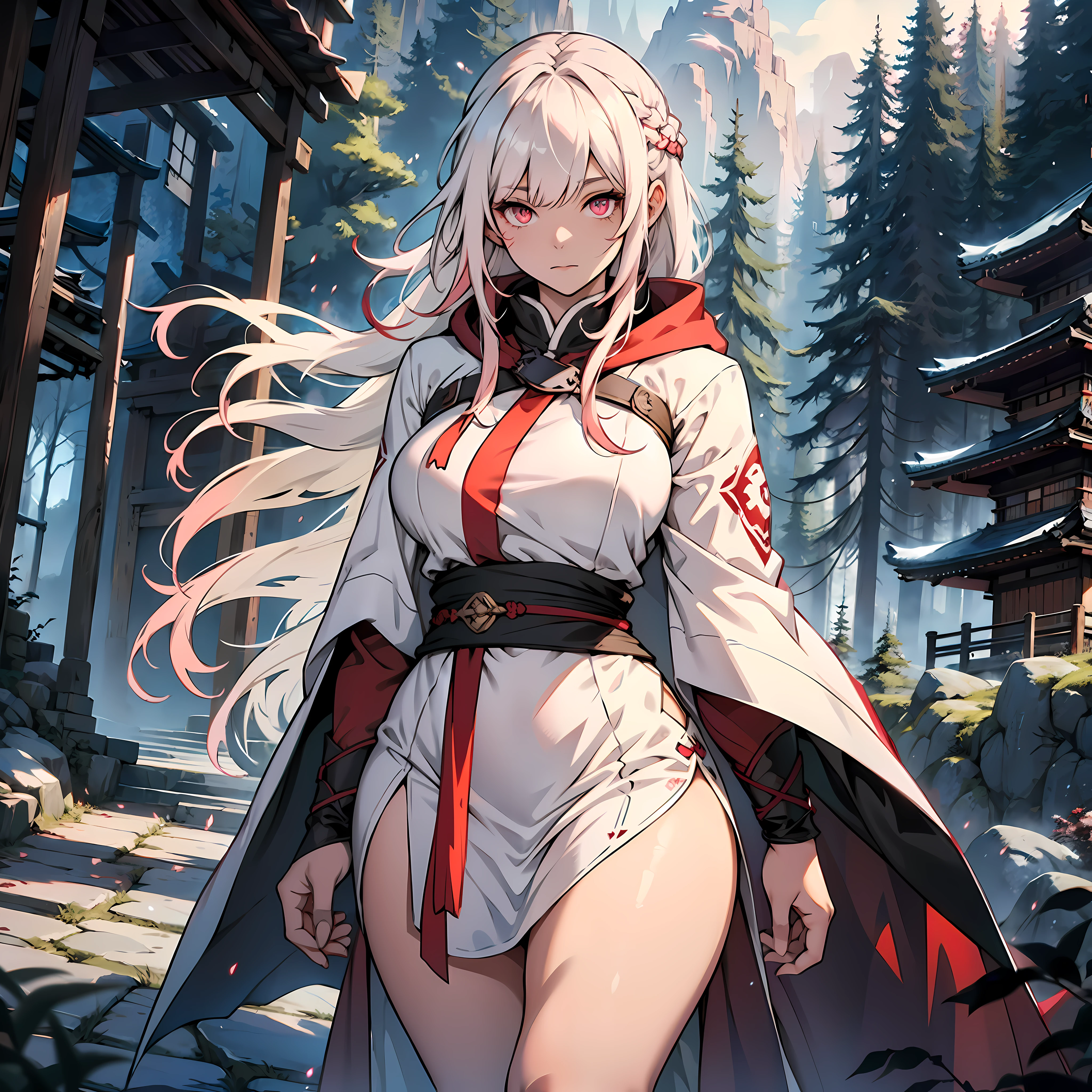 Long white hair, bangs, Japanese woman, short dress of white color with rips, cloak with dark red hood, large breasts, curvy woman, thin waist, thick legs, barefoot, scars on hands, pink colored eyes, black forest scenery, night, fantasy scenery.