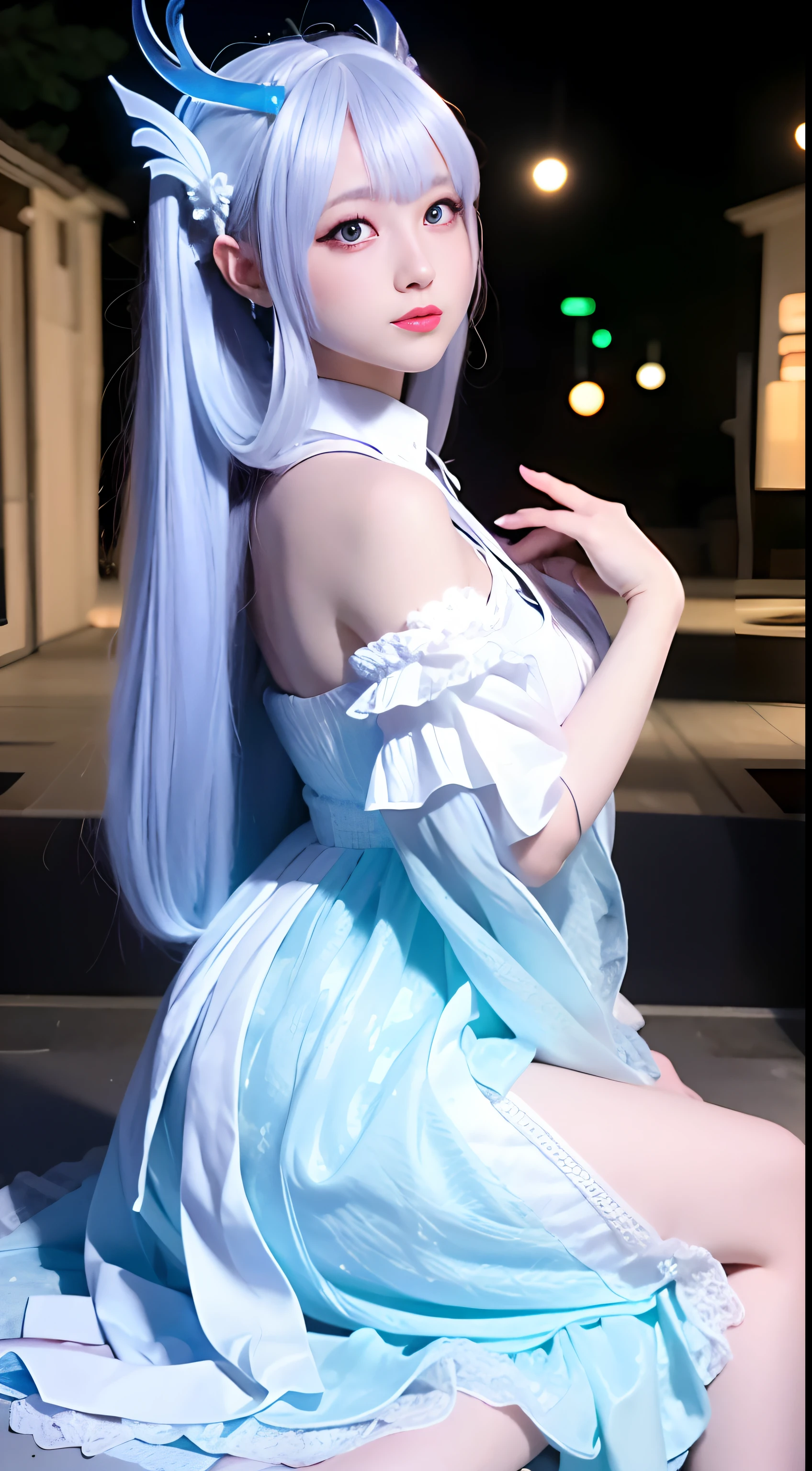 brynhildr lancer fgo,20-year old,bride,pure,dazzling smile,laurel wreath,white wedding dress,shyly pose, pretty round face,tall,very skinny,slender,light blue hair, cross-cut bangs strongly leans to the right,detailed hair
