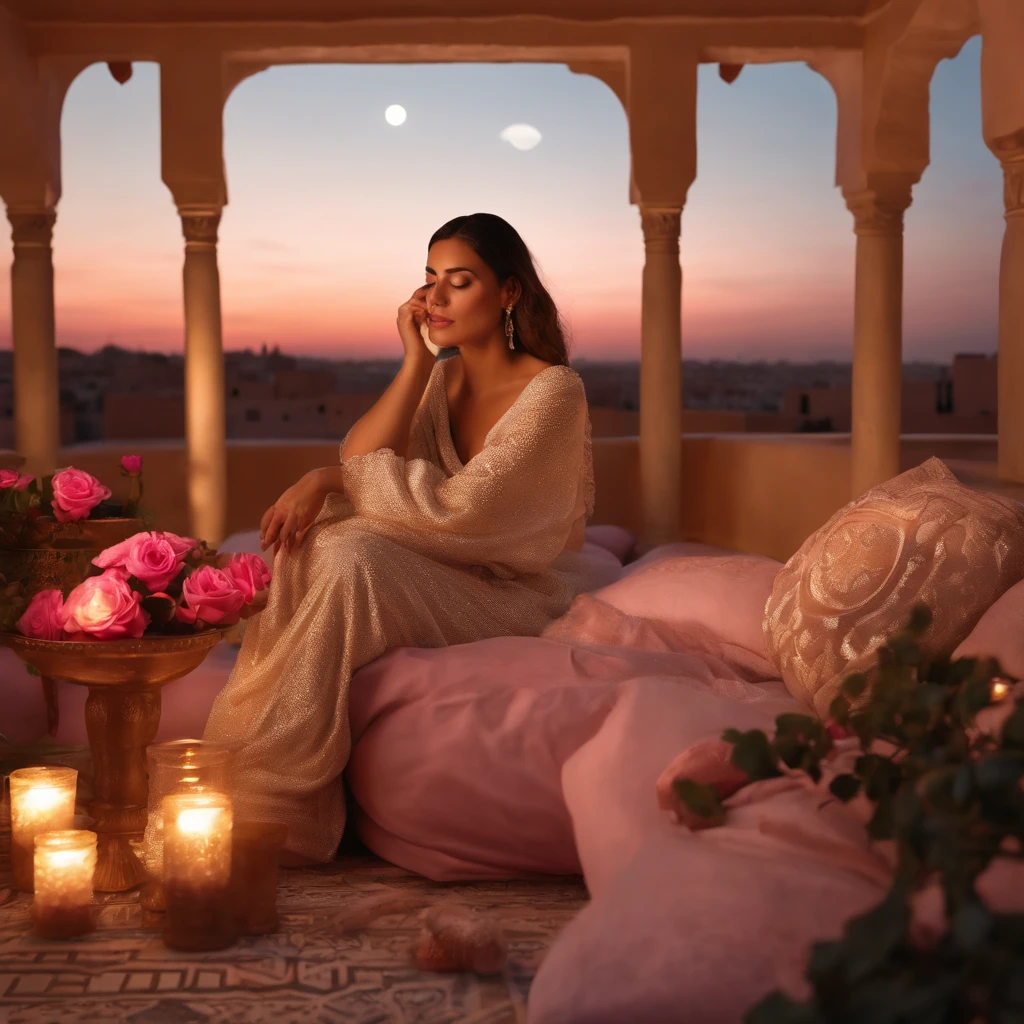 hyper realistic photo, ultra detailed photograph of a beautiful Moroccan rooftop, woman crying into pillows her face covered, cant see face, sobbing, lonely, photorealistic, riad rooftop, Marrakech view, stunning moon in the sky, iridescent, hyperrealism, moroccan lamps, sexy, Ultra photoreal, Intricate details, Ultra detailed, elegant photorealistic, great high details, hyper real photo, 8k, extreme quality, gorgeous light pink roses, exotic, glimmering lights, magical, romantic, Moroccan tea, mint leaves