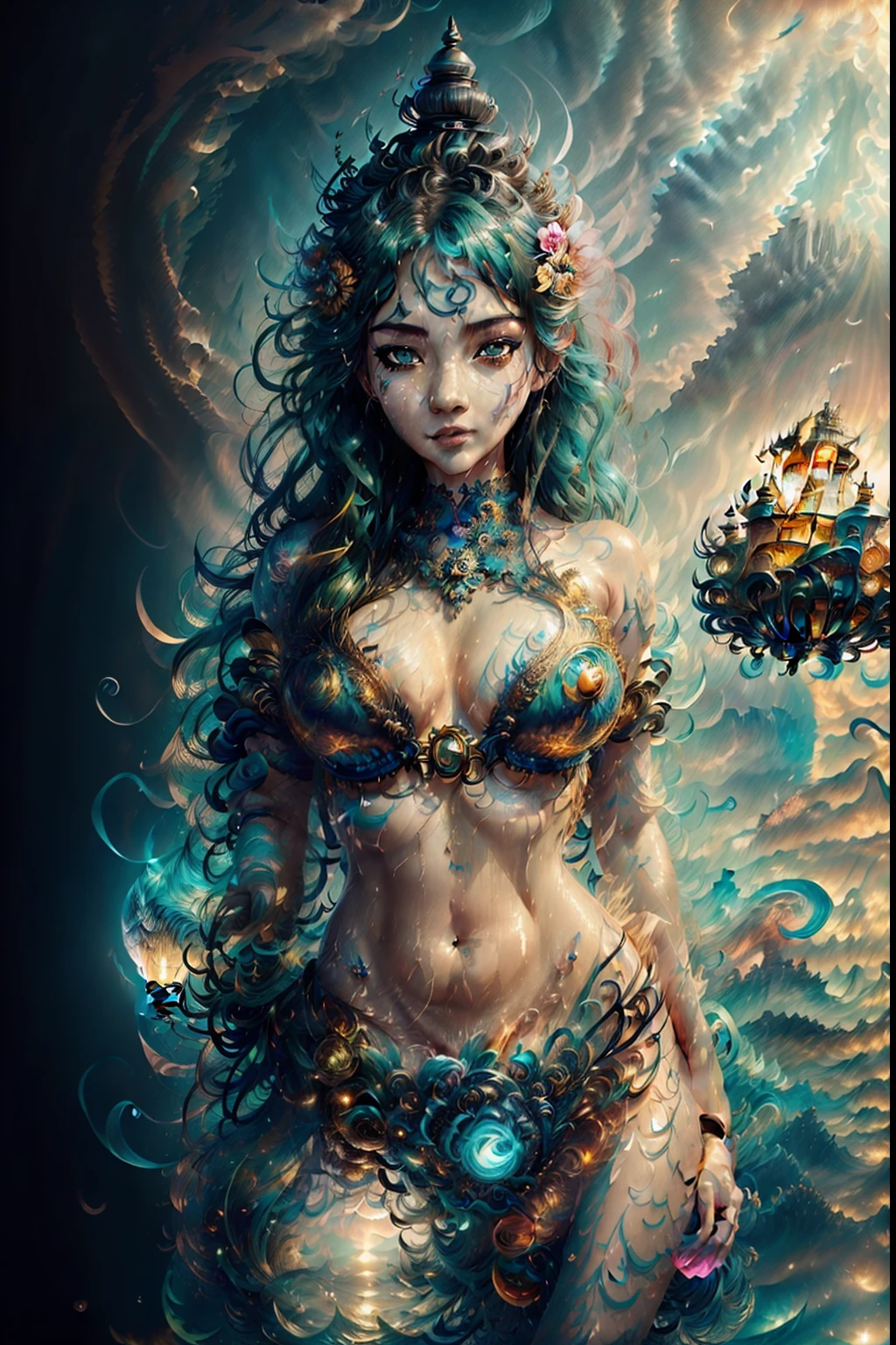 beautiful girl, half body portrait, short bright blue disheveled hair, black eyeshadow, (street style wear:1.2), (city background:1.2), dark makeup, digital art, trending on artstation, highly detailed, fine detail, intricate,  beautiful detailed glow, detailed, Cinematic light, highres, detailed facial features,sharp focus, smooth, aesthetic,beautiful goddess emerging from the ocean, caucasian girl with shiny silver hair, full female body, golden eyes, wild waves, big waves, oriental mandala tattoos, transparent dresses, skin wet with water, stormy sky, sunset sky red stormy clouds, ancient temple floating in the sea, floating old clock, lamp, lantern, beautiful girl with a slight smile, transparent blouse, black vikini, fantasy, fractal,, Sakimichan-style art, slight smile, legs open, pubic hair view, 1 sexy girl, exposed breasts, open transparent T-shirt, Mandala and flower tattoos, Best Quality ,black hair fused with platinum and gold, naked girl, visible beautiful pubic area, pink pesons, small breasts in sight, tattoos on the naked body, old floating clock, lamp, lantern , skin wet with water, open legs,multicolored sea waves, full body, sea ​​goddess rising from water and waves,, beautiful girl closeup view,, Belinda, blonde brown hair, dappled sunlight, luminescent glow orange cyan liquid lamp, liquid splash art, sky with storm and a psychedelic nebula silhouette, tribal, wide angle shot, red, green, brown, luminescent glow colors liquid, digital painting, by Koos Roos art, sharp focus, studio shot, intricate detail, effect splash, small bubbles floating, highly detailed, sharp focus, studio shot, intricate detail, highly detailed, by Koos Roos, multicolored ocean, psychedelic moving waves, long hair fused into multicolored sea waves, light lantern, lamp and antique clock,water-soaked skin and clothing, mujer desnuda,