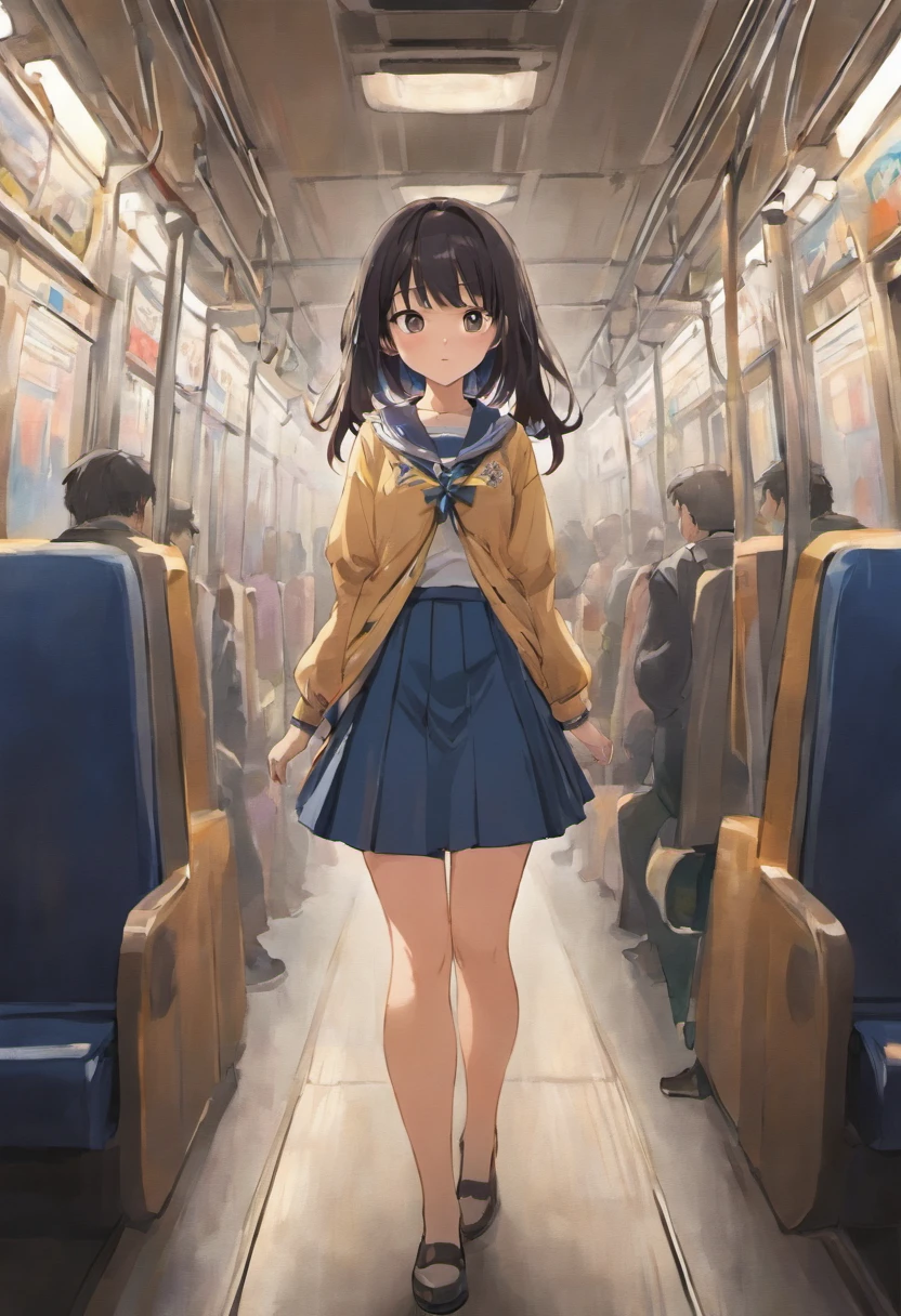SFW, realistic, masterpiece, VERY crowded subway train interior detailed scenario, VERY crowded subway train interior detailed background, standing insanely hot (woman 1) using sexy ((school uniform)), (((lifted skirt)), (big ass), (thick thigths), (fear expression), blushed face, old small man ass groping woman 1 from behind,(((old small man pressing his chest on woman 1 back))) and (((holding her waist behind her)))