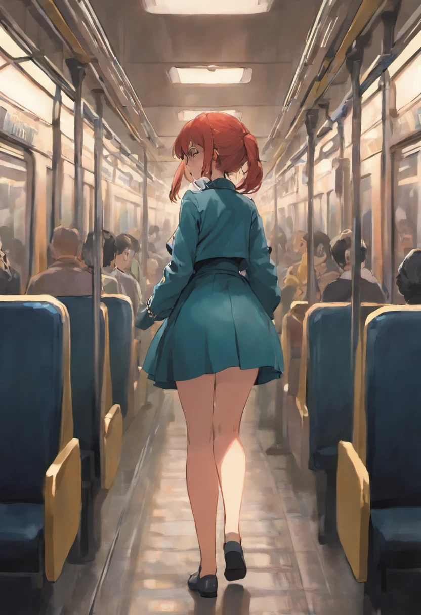 SFW, realistic, masterpiece, VERY crowded subway train interior detailed scenario, VERY crowded subway train interior detailed background, standing insanely hot (woman 1) using sexy ((school uniform)), (((lifted skirt)), (big ass), (thick thigths), (fear expression), blushed face, old small man ass groping woman 1 from behind,(((old small man pressing his chest on woman 1 back))) and (((holding her waist behind her)))