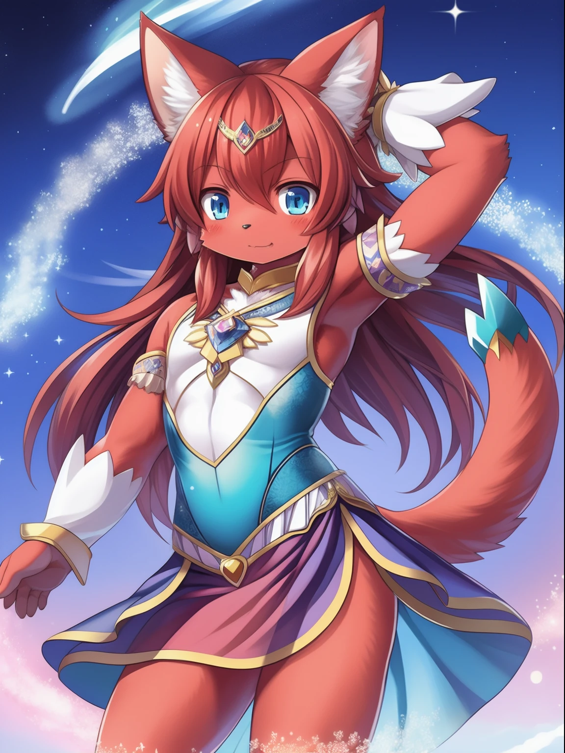 masterpiece, 1boy, Furry, kemono, furry cat, anthropomorphic, male, red fur, red skin, blue eyes, magical girl theme, long hair, revealing clothes, magical girl outfit, blue magical girl dress, femboy, sexy pose, uploaded on e621,