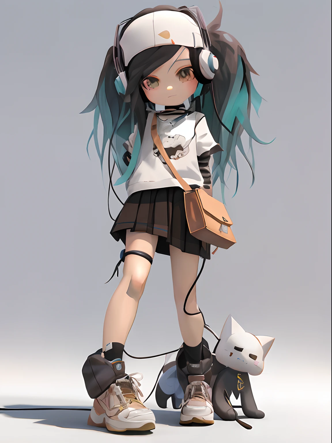 Cartoon girl walking cat with headphones and purse, render of a cute 3d anime girl, anime styled 3d, 3d anime girl, anime girl with cat ears, Anime style. 8K, Cute anime girl, Guviz-style artwork, Stylized anime, cute 3 d render, Style anime, Anime girl