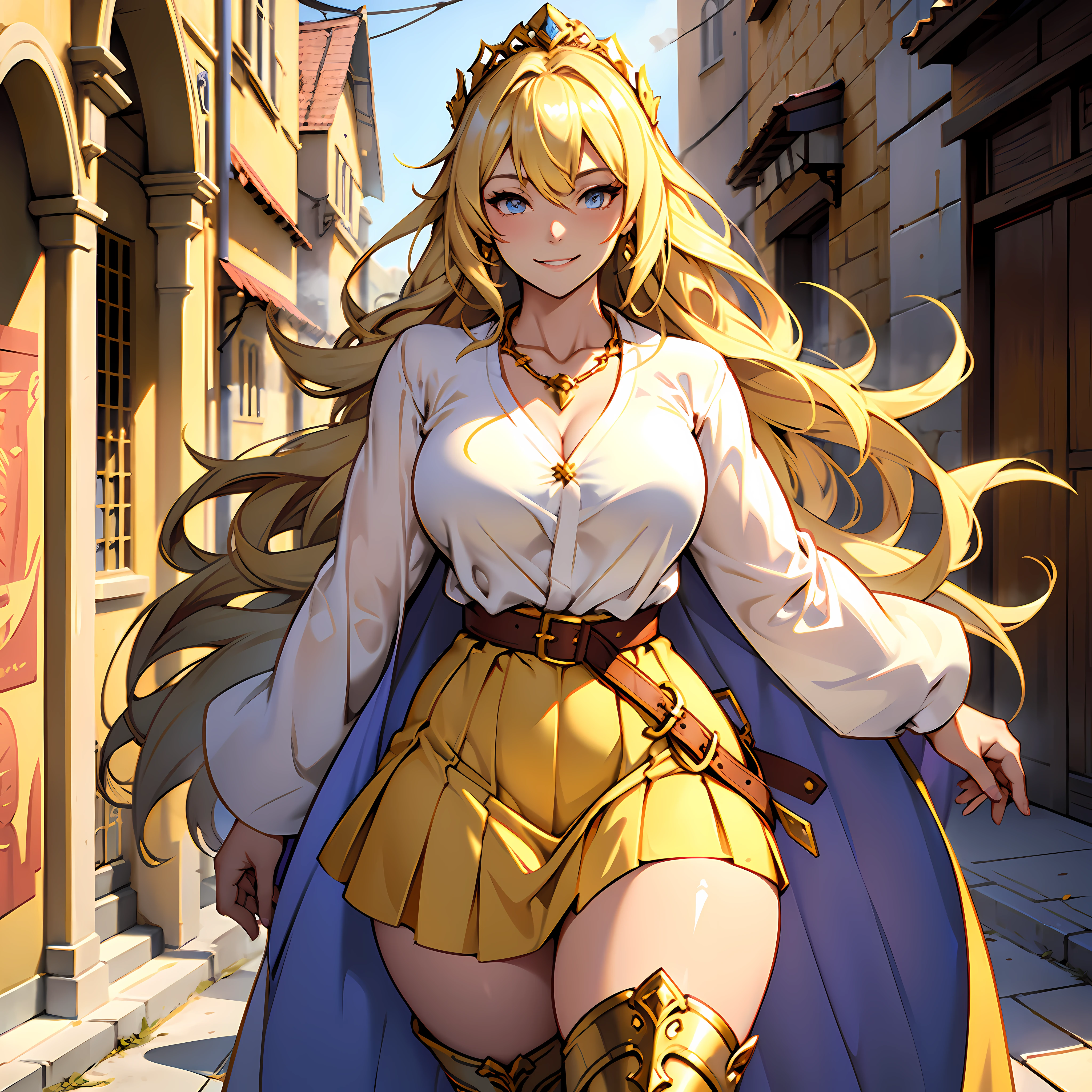 Long blonde hair, noble clothes, princess robes, beautiful woman, smile, burnt yellow dress, tight white blouse, golden belt, lilac blouse, large breasts, curvy woman, thin waist, thick legs, female boots of burnt yellow color, golden necklace, light blue colored eyes, burnt yellow skirt, fantasy medieval city.