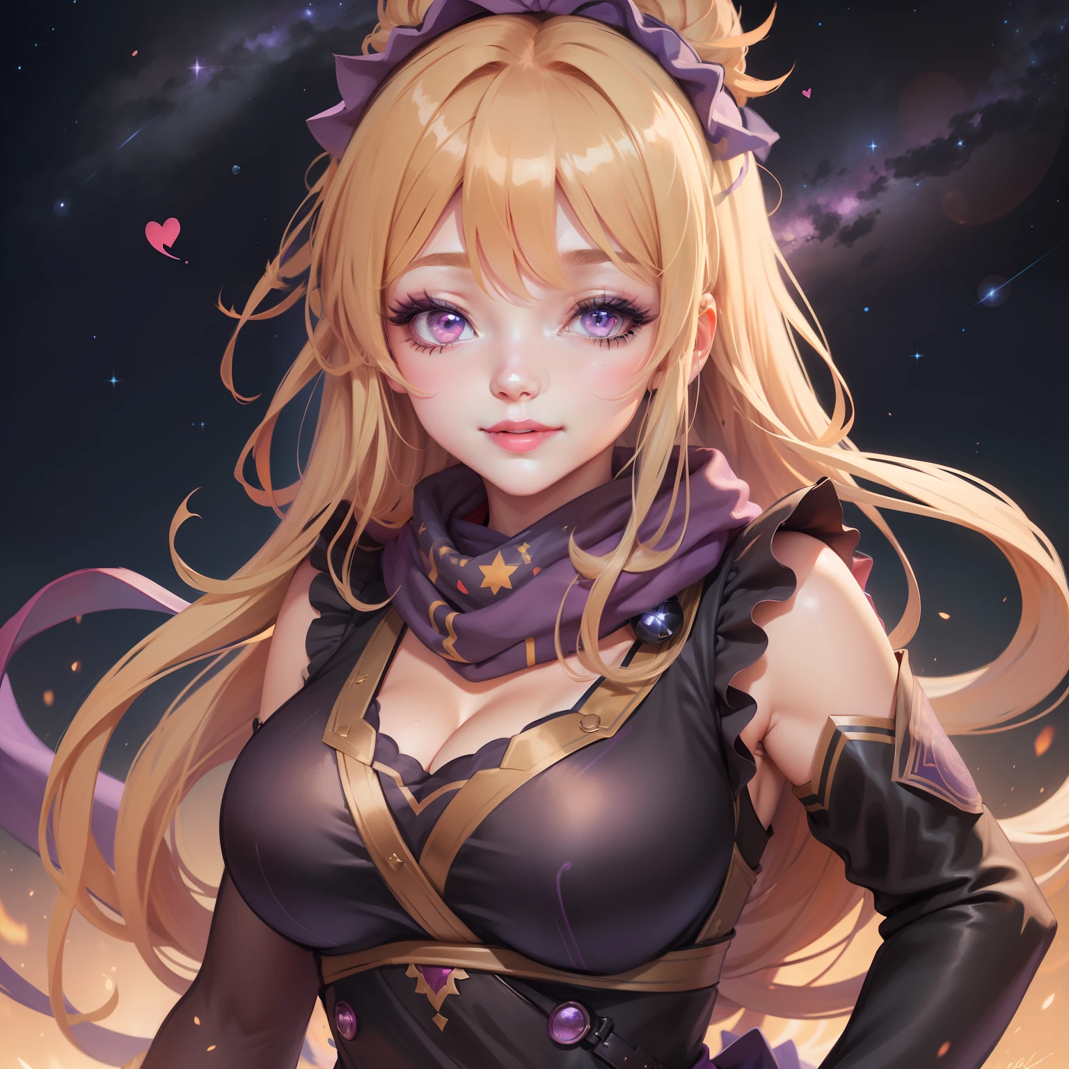 1girl, ahoge, bangs, blonde hair, blowing kiss, blue eyes, blue scarf, brown scarf, cleavage, closed mouth, eyelashes, face, floating hair, hair between eyes, heart, lips, lipstick, long hair, looking at viewer, makeup, night sky, nose, one eye closed, orange scarf, pink lips, pink scarf, portrait, purple eyes, realistic, red lips, red scarf, scarf, signature, smile, solo, space, spoken heart, star (sky), starry sky, upper body, watermark, yang xiao long, yellow scarf
