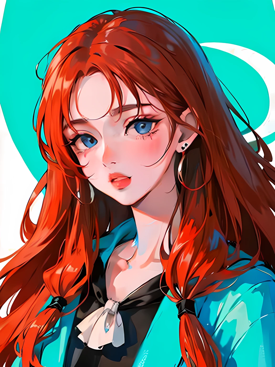 (Portrait:1.4), (masutepiece:1.2, Best Quality:1.2), bottom-up, Full body, 1 girl with long redhead wavy hair, Solo, Looking down, Face Focus, Extreme facial details, Cool eyes, extremely detailed eye, goodlooking, makeup, Fingers on lips, blue Eyes, Thin, slim, white fur coat, Black tights, earrings, (Marco) Cafe)