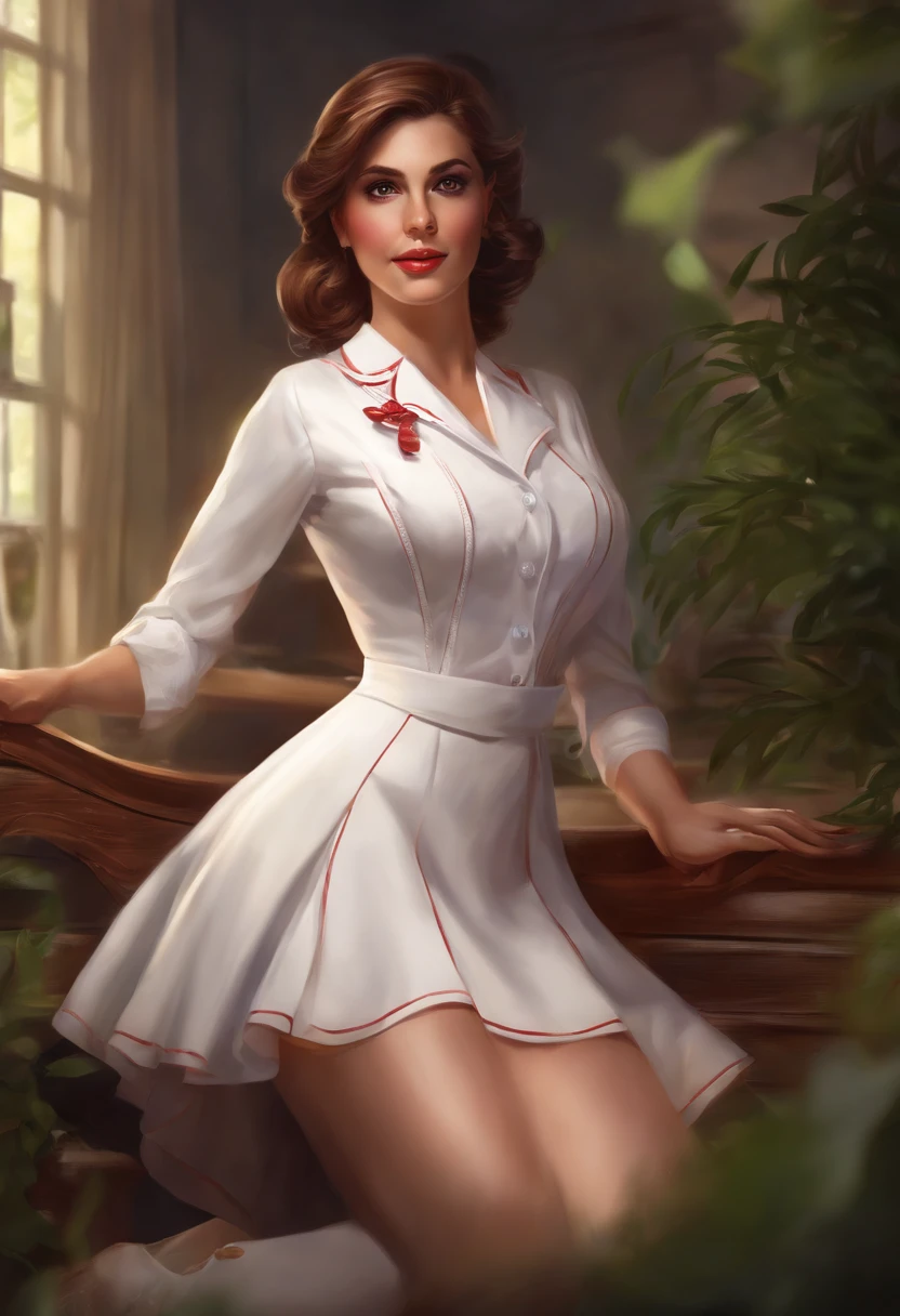 (best quality, highres, realistic:1.37), medium:illustration, detailed features, vibrant colors, glowing light, dreamy atmosphere, nurse, white stockings, long legs, red blouse, short skirt, high heelsn,hermosa cara,ojos morados,pelo largo,morado,mira al espectador,penosa