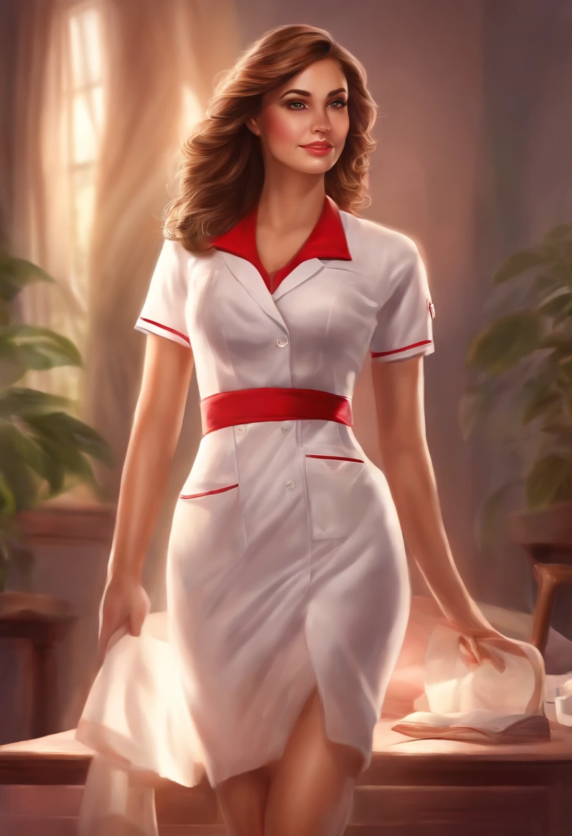 (best quality, highres, realistic:1.37), medium:illustration, detailed features, vibrant colors, glowing light, dreamy atmosphere, nurse, white stockings, long legs, red blouse, short skirt, high heelsn,hermosa cara,ojos morados,pelo largo,morado,mira al espectador,penosa