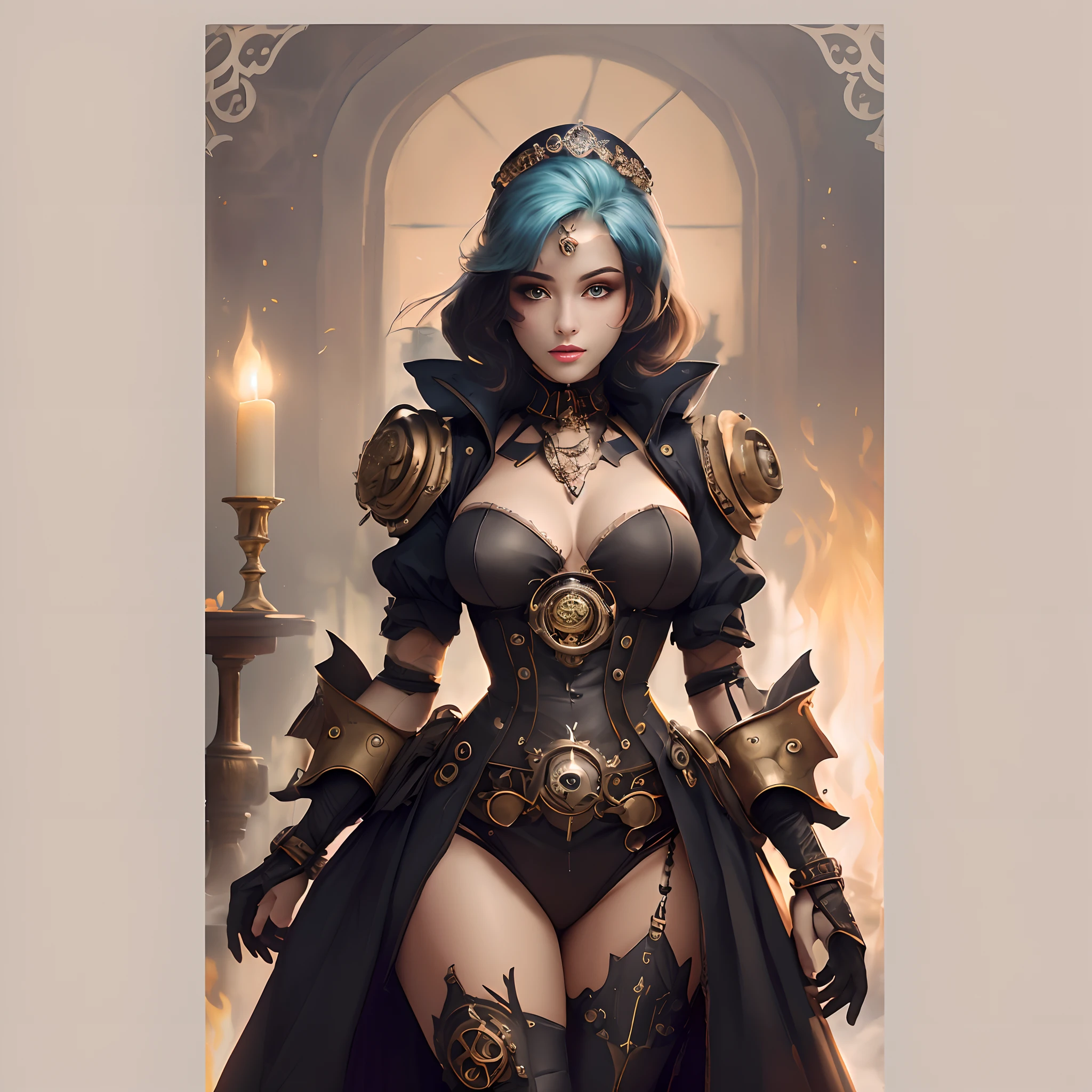 In the background is a dark wooden sailor's tavern illuminated by fire and candles, on the forehead a lock of hair, on the head a kind of steampunk diadem
On his chest, he sports a beautiful round medallion of bright aquamarine color that radiates light. On the shoulders some lamps, on the leg the other league