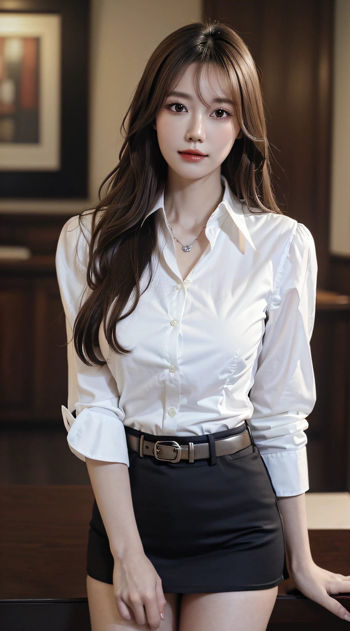 (Best quality, High resolution, Masterpiece :1.3), A tall and pretty woman, Slender abs, Dark brown hair styled in loose waves, Breasts, Wearing pendant, White button up shirt, Belt, Black skirt, (Modern architecture in background), Details exquisitely rendered in the face and skin texture, Detailed eyes, Double eyelid