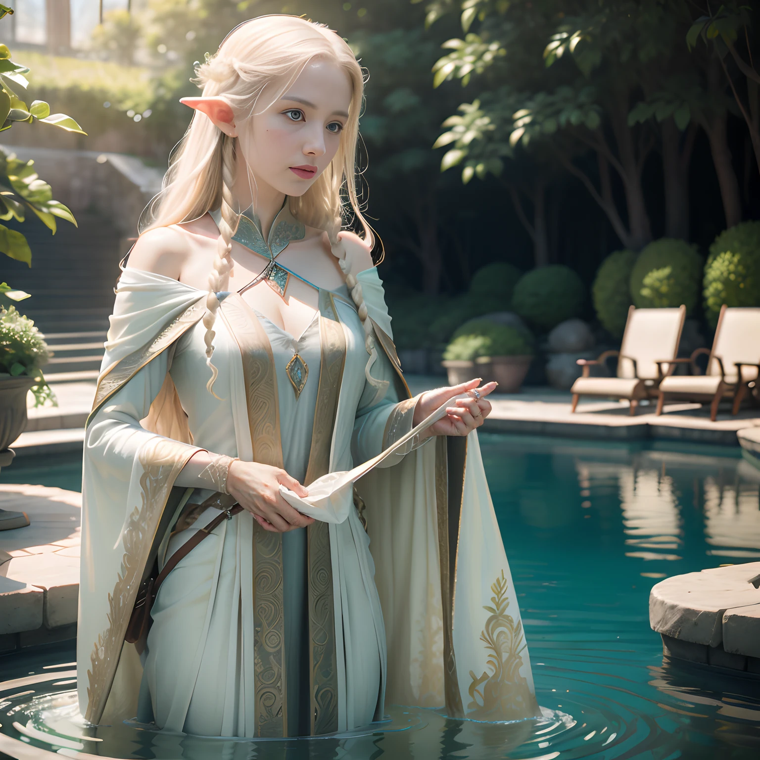 8k, RAW photo, portrait, best quality, ultra high res, photorealistic, intricate details, candid photography, Galadriel from The Lord of the rings, before the pool reflecting her ambition as the one ring bearer