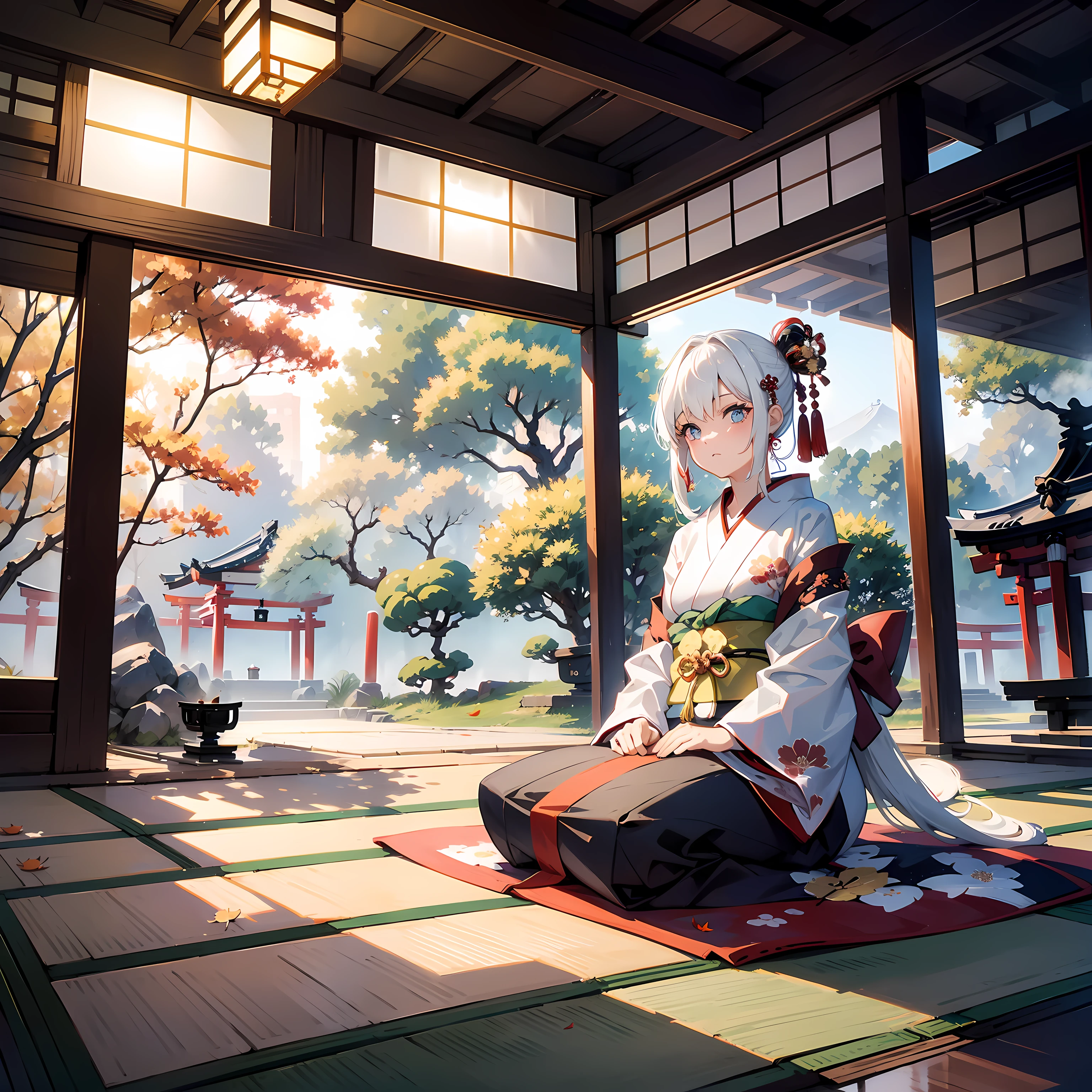 (masterpiece), high quality, kimono, graceful, peaceful, autumn colors, falling leaves, traditional Japanese building, solo, passionate colors, beautiful white-haired girl, sitting on tatami