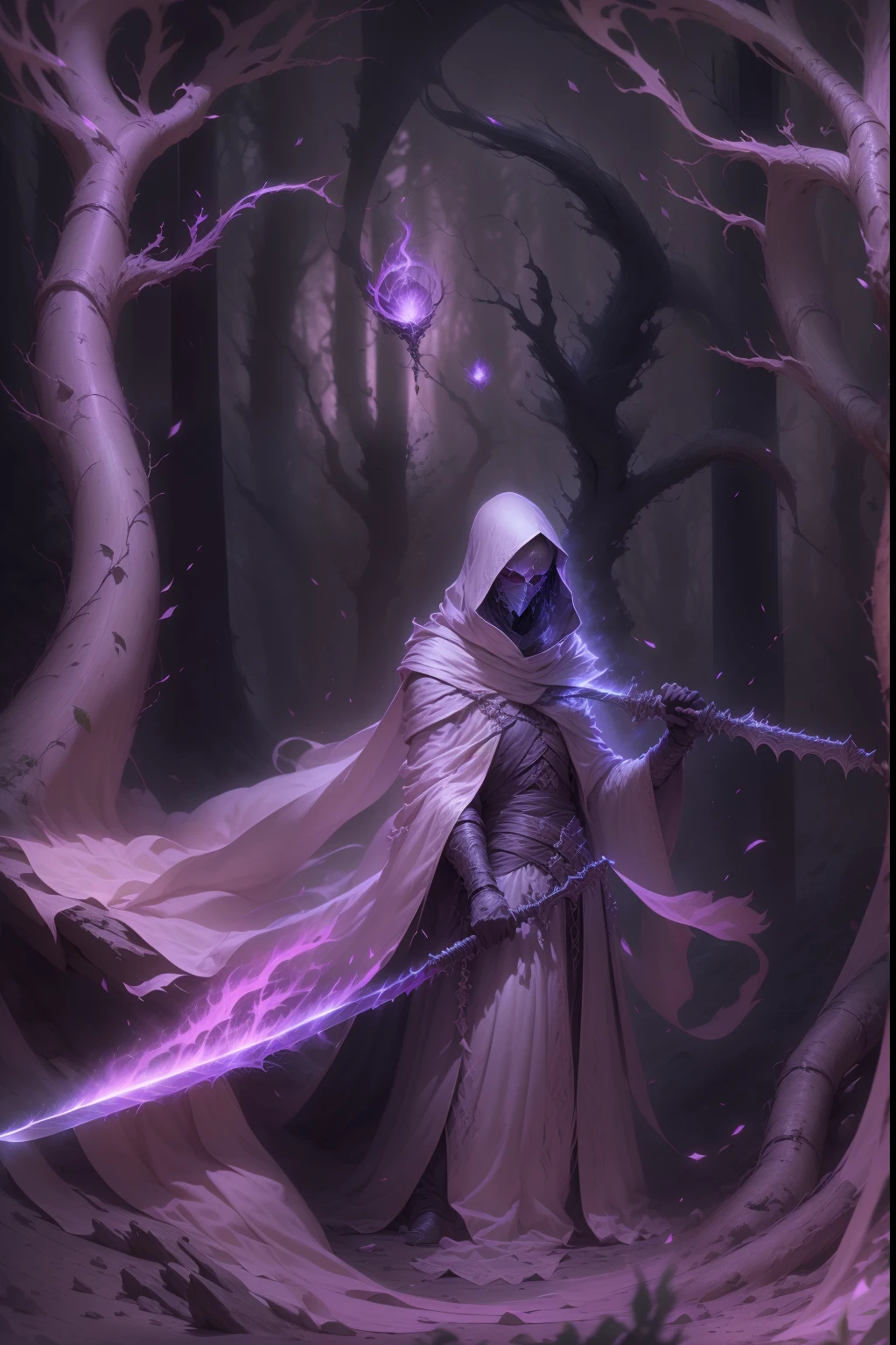 Grey scale image of a wraith in flowing robes with a scythe that has an incorporeal blade, very realistic style, dark forest back drop.