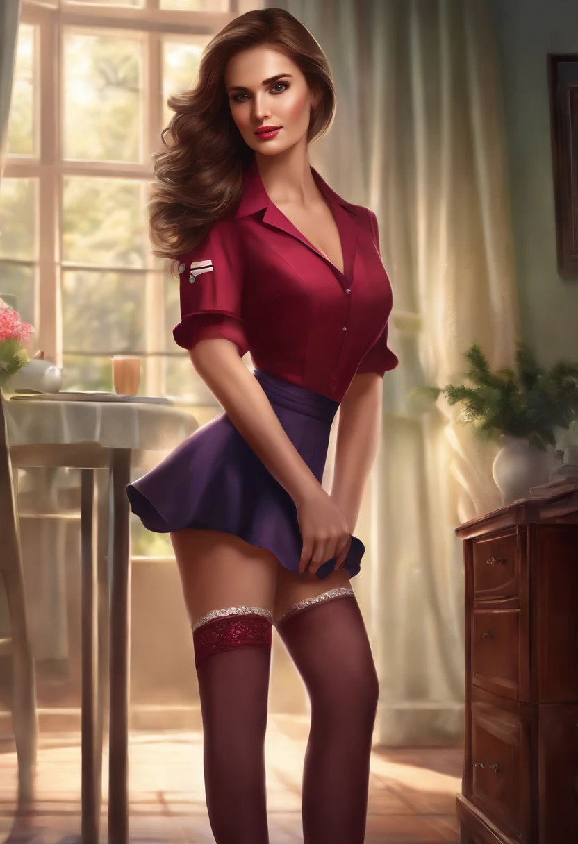 (best quality, highres, realistic:1.37), medium:illustration, detailed features, vibrant colors, glowing light, dreamy atmosphere, nurse, white stockings, long legs, red blouse, short skirt, high heelsn,hermosa cara,ojos morados,pelo largo,morado,mira al espectador,penosa