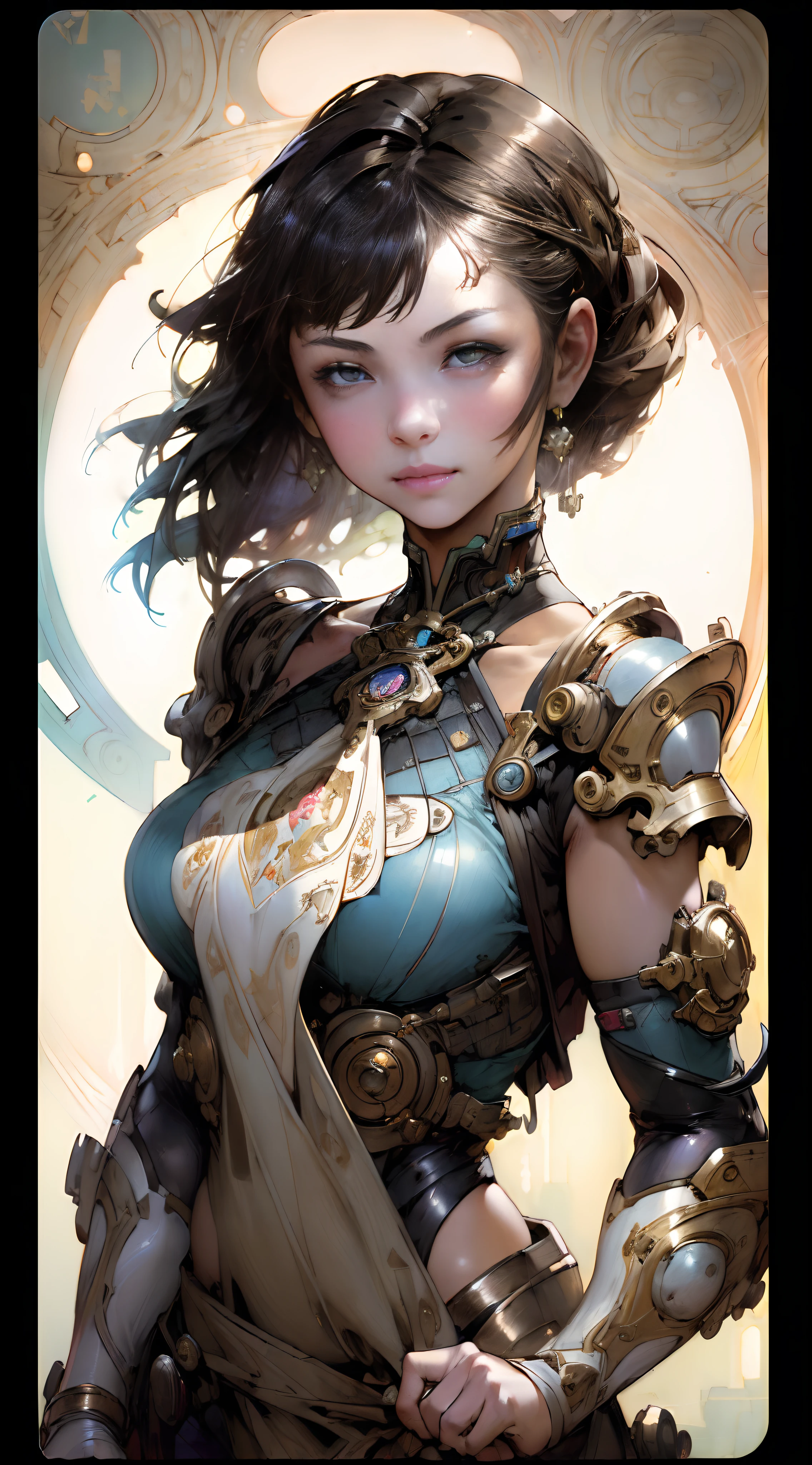 A Helder Arte desenho AI da SeaArt, that AI artistic creativity in an easy and uncomplicated way, Beautiful and ornamental hat, corpo inteiro, vestido lindo e decotado, corpo escultural, mecha de metal, desgastado,