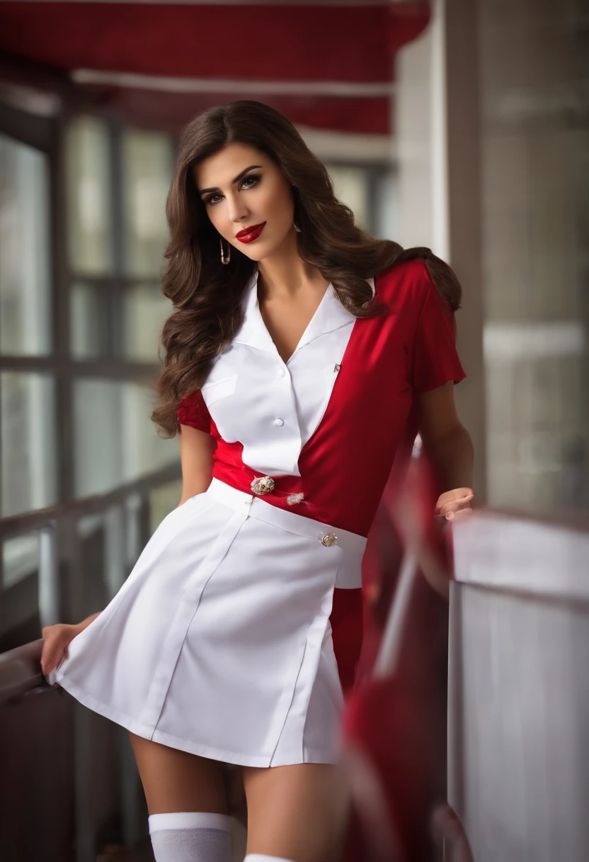 nurse, white stockings, long legs, red blouse, short skirt, high heelsn,hermosa cara,ojos morados,pelo largo,morado,mira al espectador,penosa