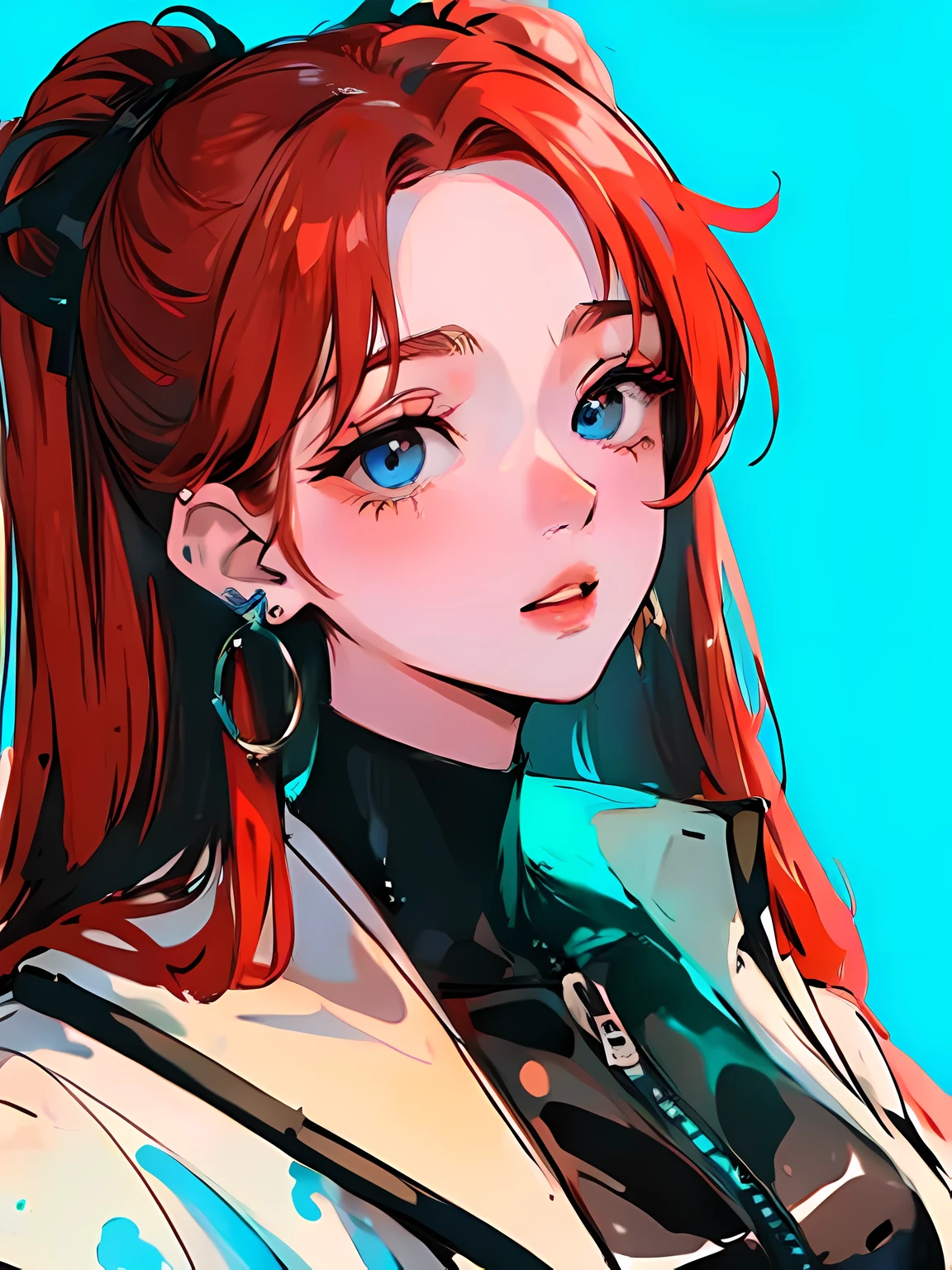 (Portrait:1.4), (masutepiece:1.2, Best Quality:1.2), bottom-up, Full body, 1 girl with long redhead wavy hair, Solo, Looking down, Face Focus, Extreme facial details, Cool eyes, extremely detailed eye, goodlooking, makeup, Fingers on lips, blue Eyes, Thin, slim, white fur coat, Black tights, earrings, (Marco) Cafe)