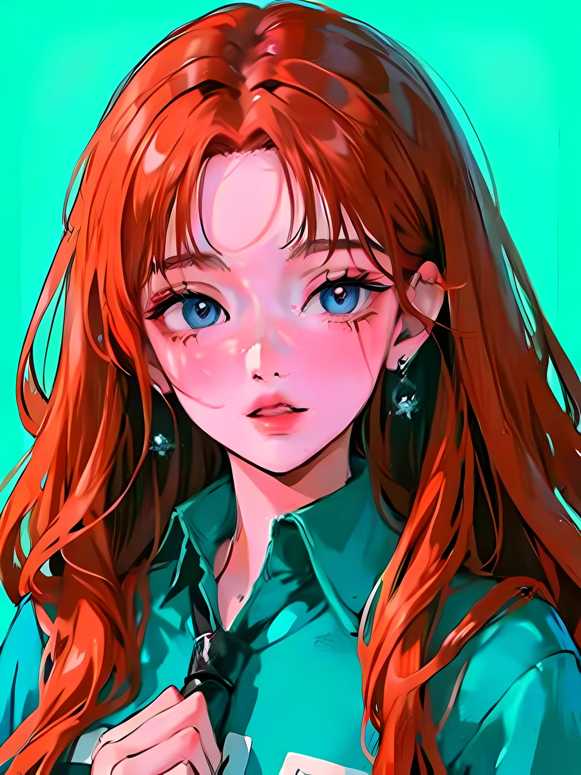(Portrait:1.4), (masutepiece:1.2, Best Quality:1.2), bottom-up, Full body, 1 girl with long redhead wavy hair, Solo, Looking down, Face Focus, Extreme facial details, Cool eyes, extremely detailed eye, goodlooking, makeup, Fingers on lips, blue Eyes, Thin, slim, white fur coat, Black tights, earrings, (Marco) Cafe)