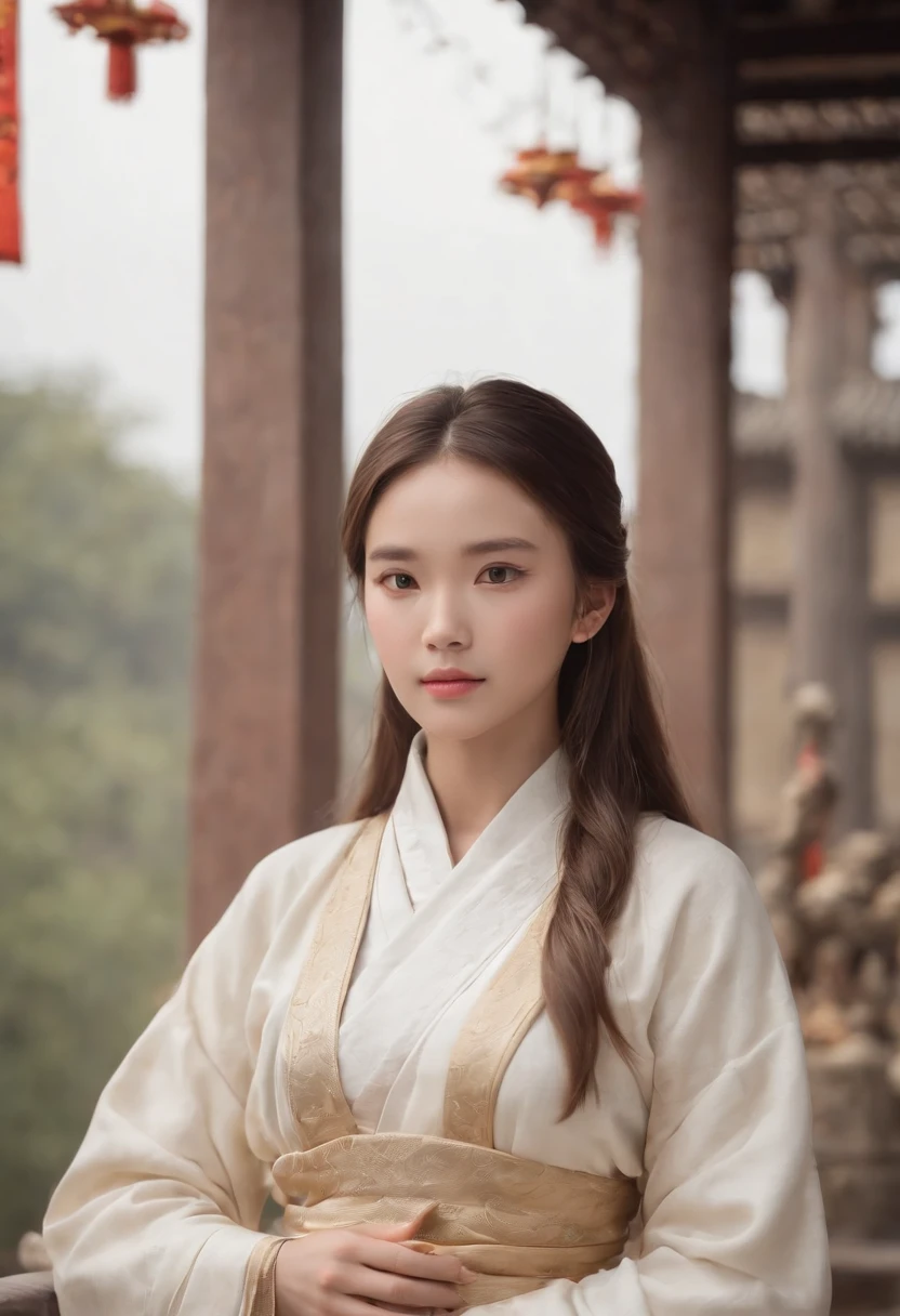 masterpiece, best quality, 1girl, brown hair, brown eyes, ancient china, white and yellow clothes, bird, cranes