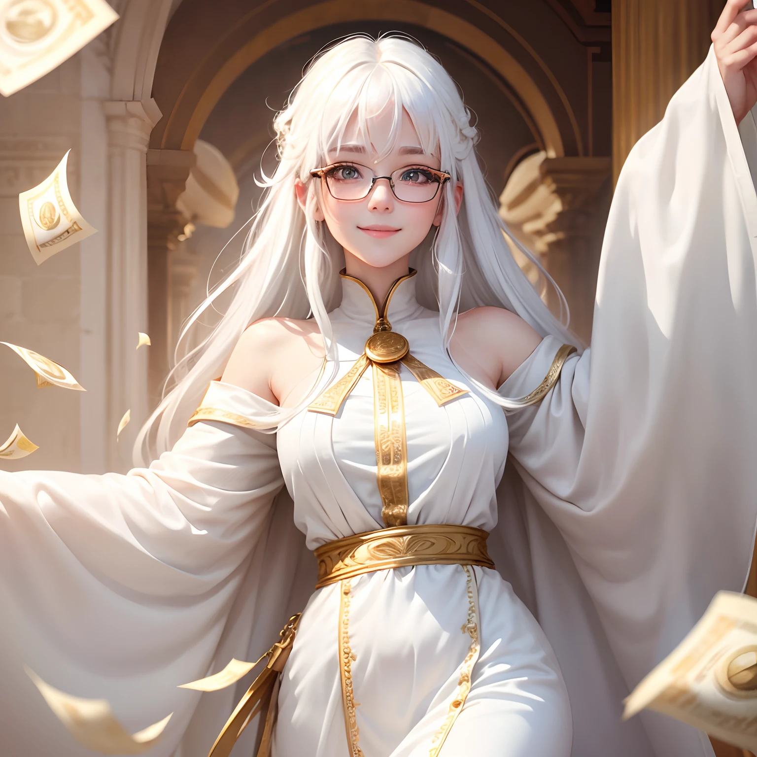 best quality, white hair, gold eyes, white clothes, looking up, upper body, hair strand, Fair skin, smiling, eye glasses, Throw money