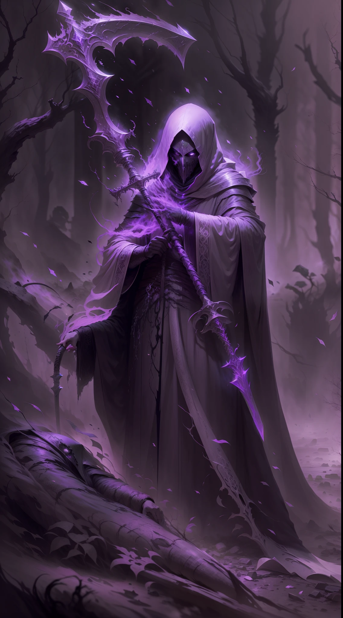 Grey scale image of a wraith in flowing robes with a scythe that has an incorporeal blade, very realistic style, dark forest back drop.