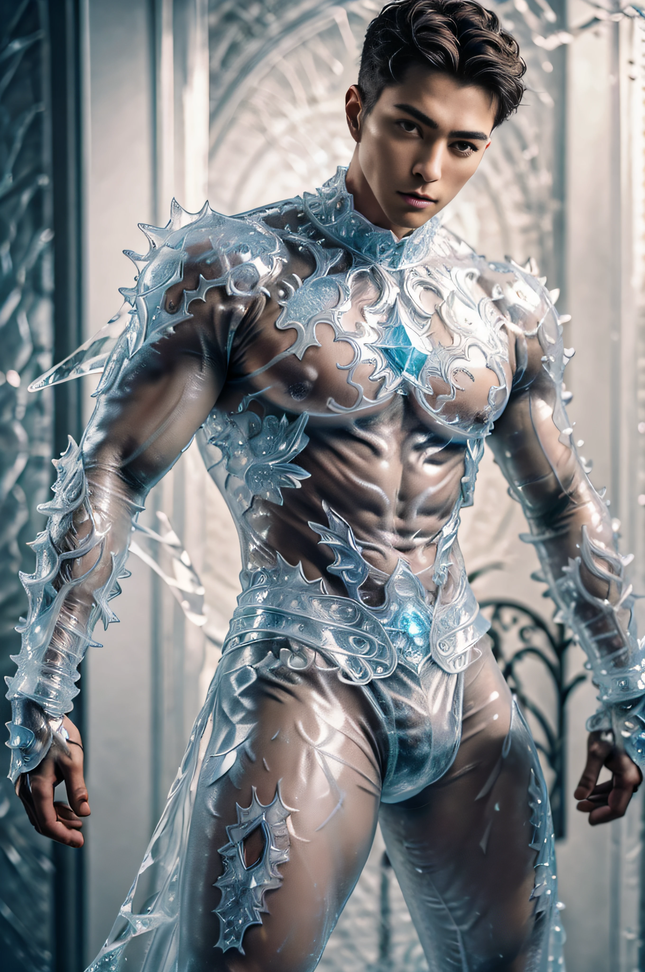 IC34RMOR, Wear ice tights, See-through, Dynamic pose, ((Fighting stance)), fantasy city background, Indoors, (Face portrait), (Extreme closeup:1.2),, Realistic, Masterpiece, Intricate details, Detailed background, Depth of field, photo of a man,（（（The crotch is raised）））