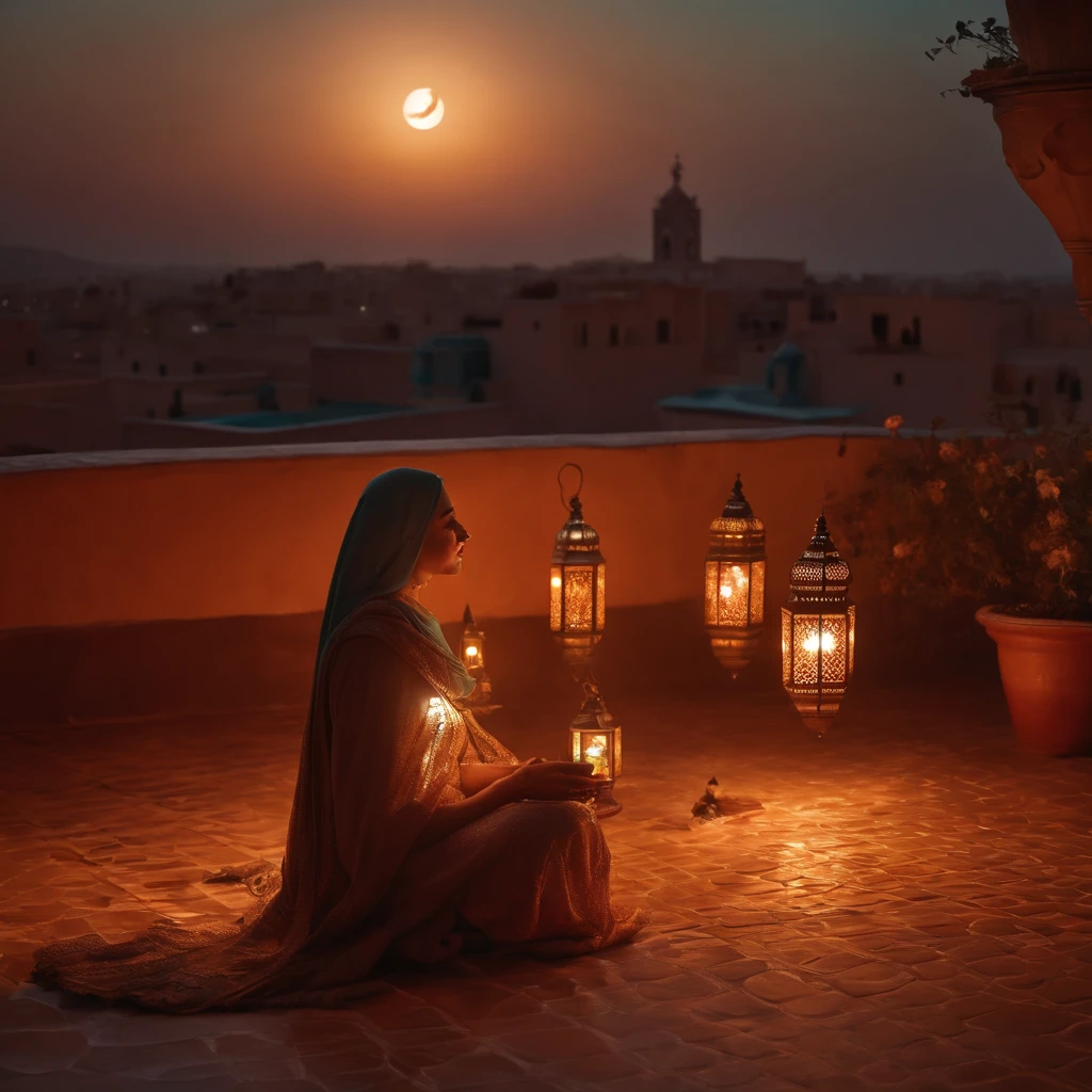 hyper realistic photo, ultra detailed photograph of a beautiful Moroccan rooftop, woman crying face towards view, from behind, down on her knees, sobbing, lonely, photorealistic, riad rooftop, Marrakech view, stunning moon in the sky, iridescent, hyperrealism, moroccan lamps, sexy, Ultra photoreal, Intricate details, Ultra detailed, elegant photorealistic, great high details, hyper real photo, 8k, extreme quality, gorgeous roses, exotic, glimmering lights, magical, romantic, Moroccan tea, mint leaves