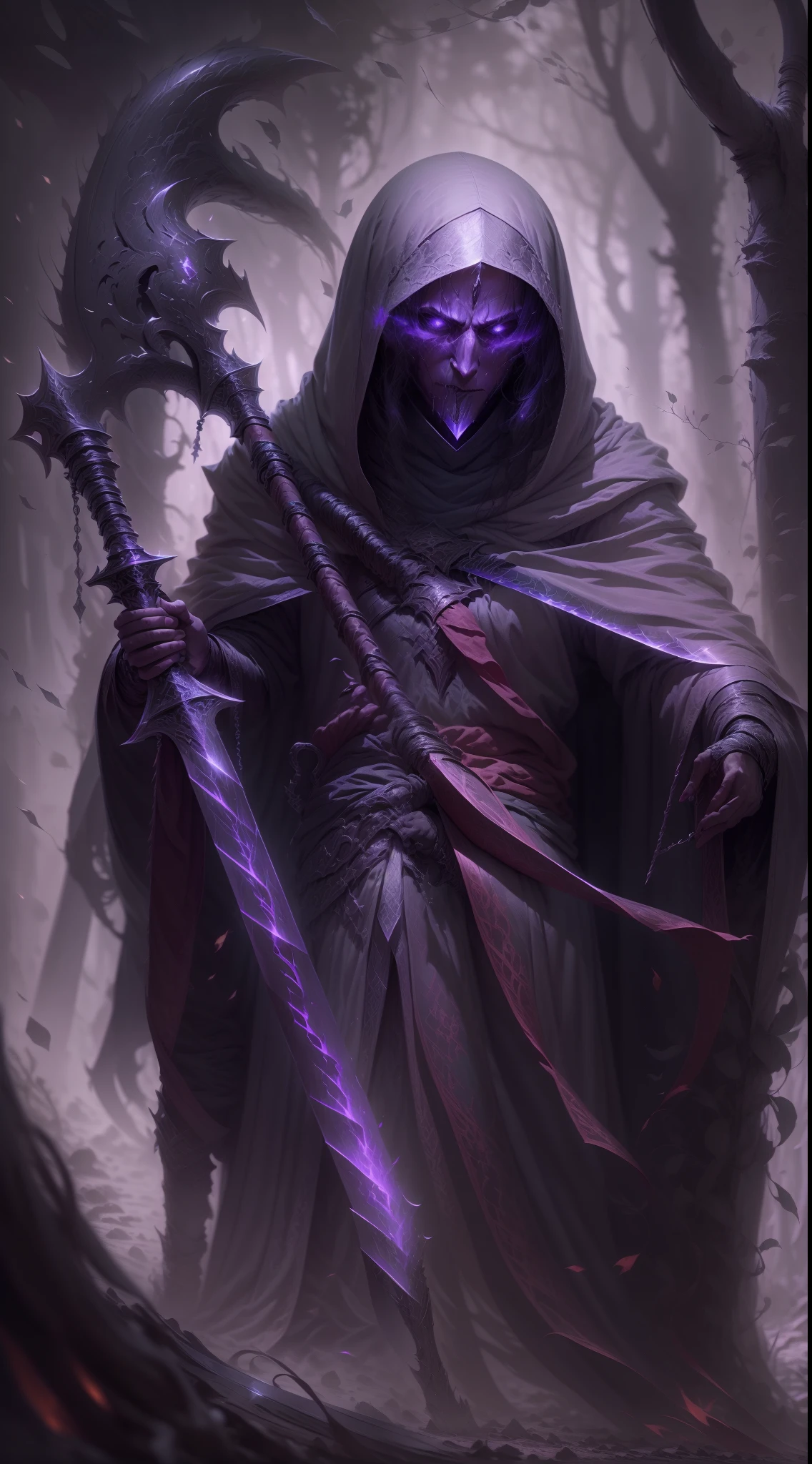 Grey scale image of a wraith in flowing robes with a scythe that has an incorporeal blade, very realistic style, dark forest back drop.