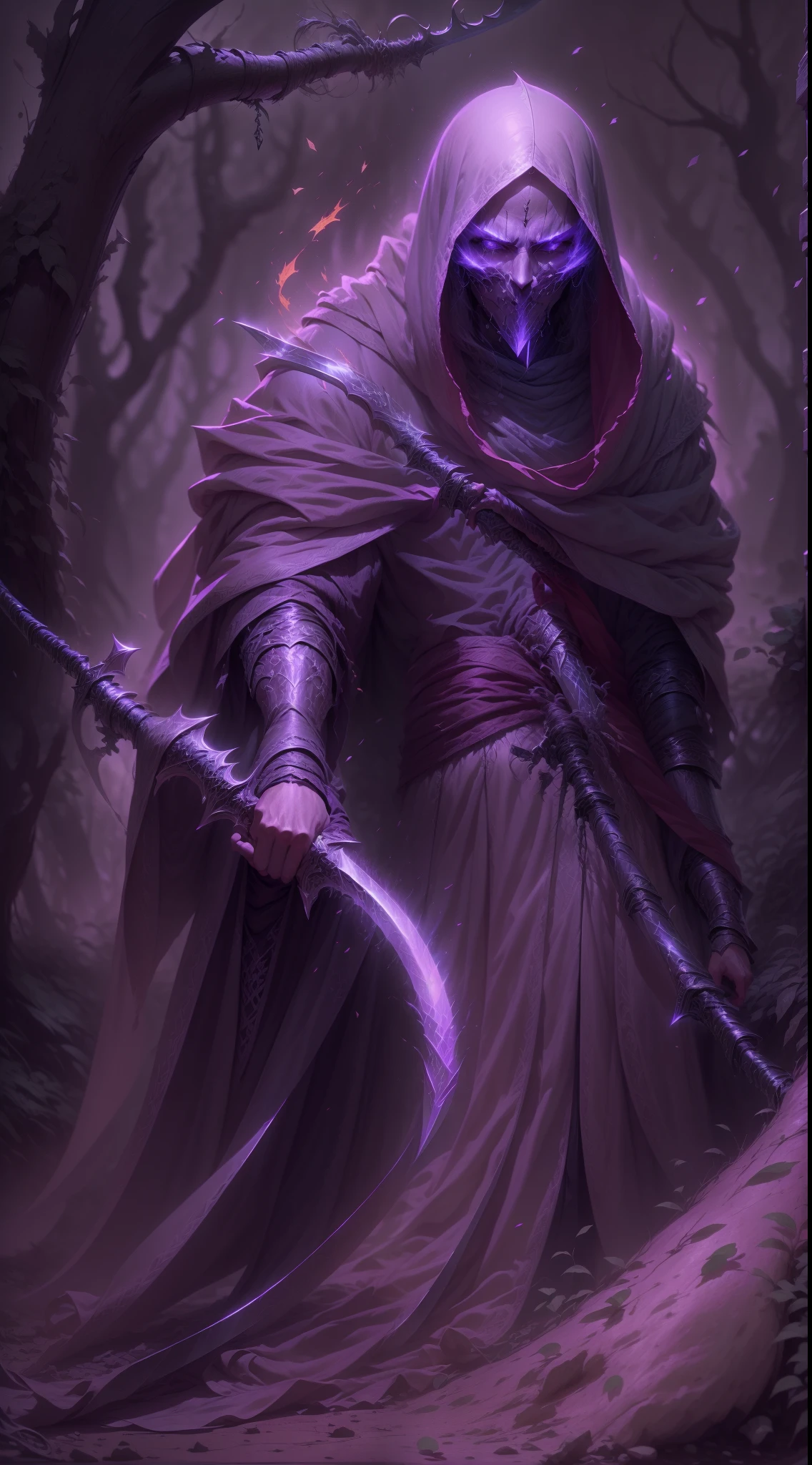 Grey scale image of a wraith in flowing robes with a scythe that has an incorporeal blade, very realistic style, dark forest back drop.