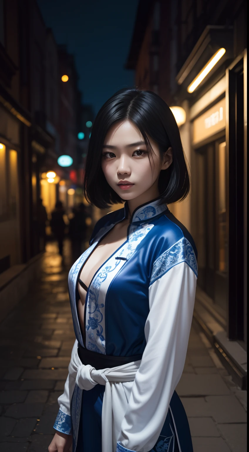(A beautiful 20-year-old Chinese female assassin), (with short black hair), (Pale skin), (serious looking), (Wearing white and blue Assassin costumes), (city at night background), seen from the front, waist up shot, Dynamic pose, Ambient lighting, Photo realism, intricate face details, Intricate hand details, Highly detailed, Vibrant colors, Cinematic, High definition, Popular on art sites - original style
