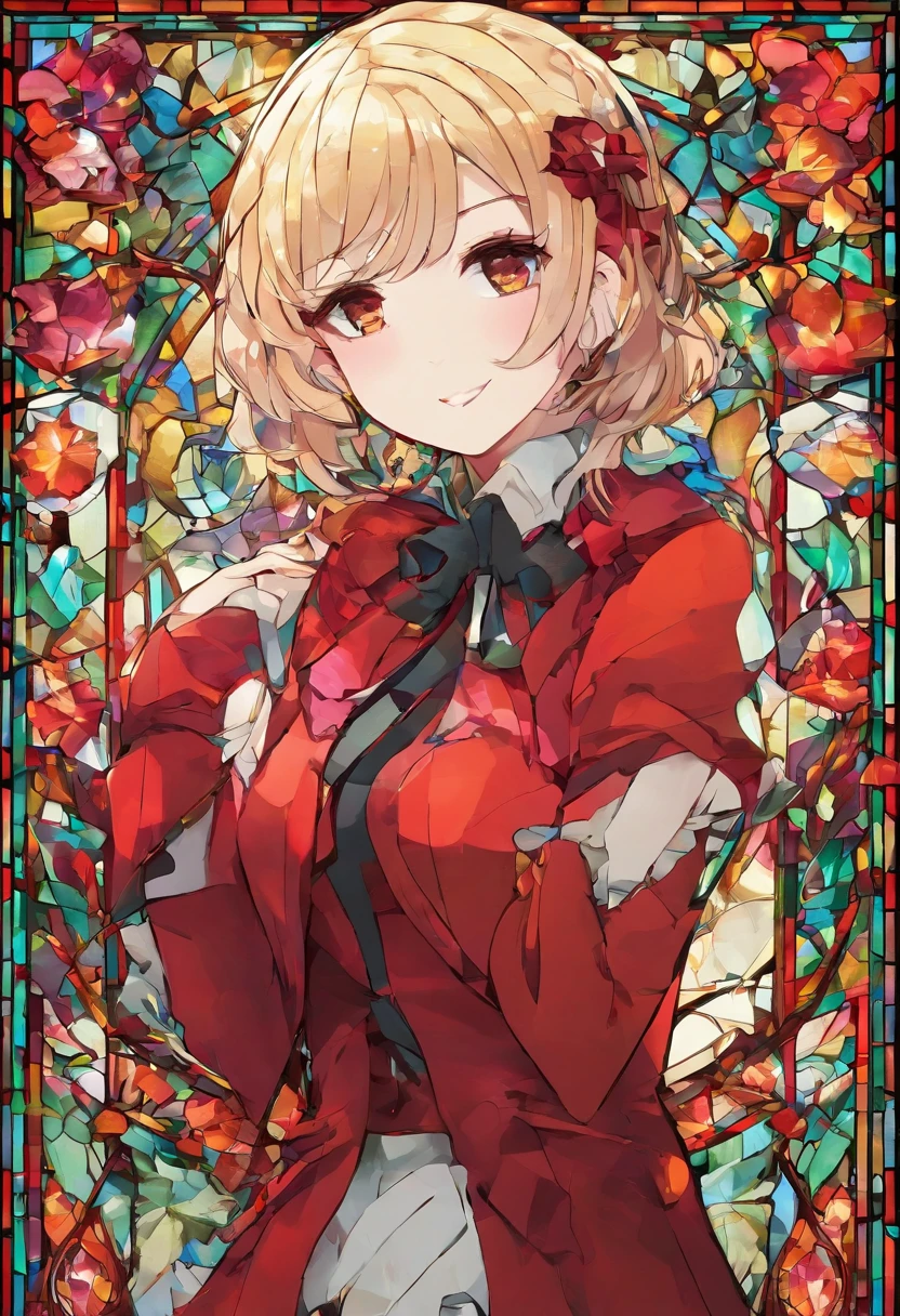 High quality, Best quality, Masterpiece, absurderes, Red_Jacket, ribbon, Red_Eyes, blond_Hair, short_Hair, Hair_ribbon, Smile, 1girll, Torn clothes, Pieces of cloth,