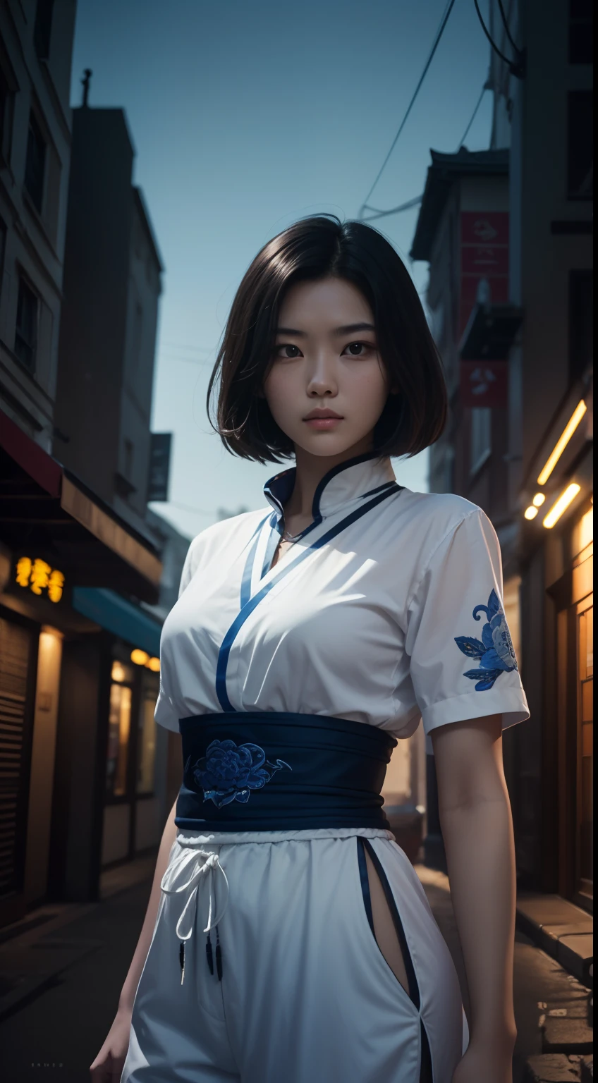 (A beautiful 20-year-old Chinese female assassin), (with short black hair), (Pale skin), (serious looking), (Wearing white and blue Assassin costumes), (city at night background), seen from the front, waist up shot, Dynamic pose, Ambient lighting, Photo realism, intricate face details, Intricate hand details, Highly detailed, Vibrant colors, Cinematic, High definition, Popular on art sites - original style