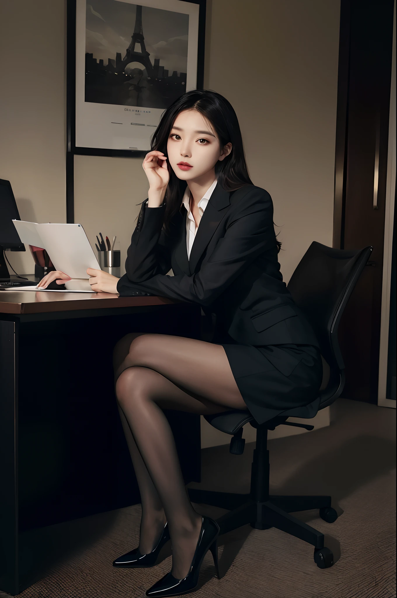 Arafed woman in a suit sitting at a desk with a laptop - SeaArt AI