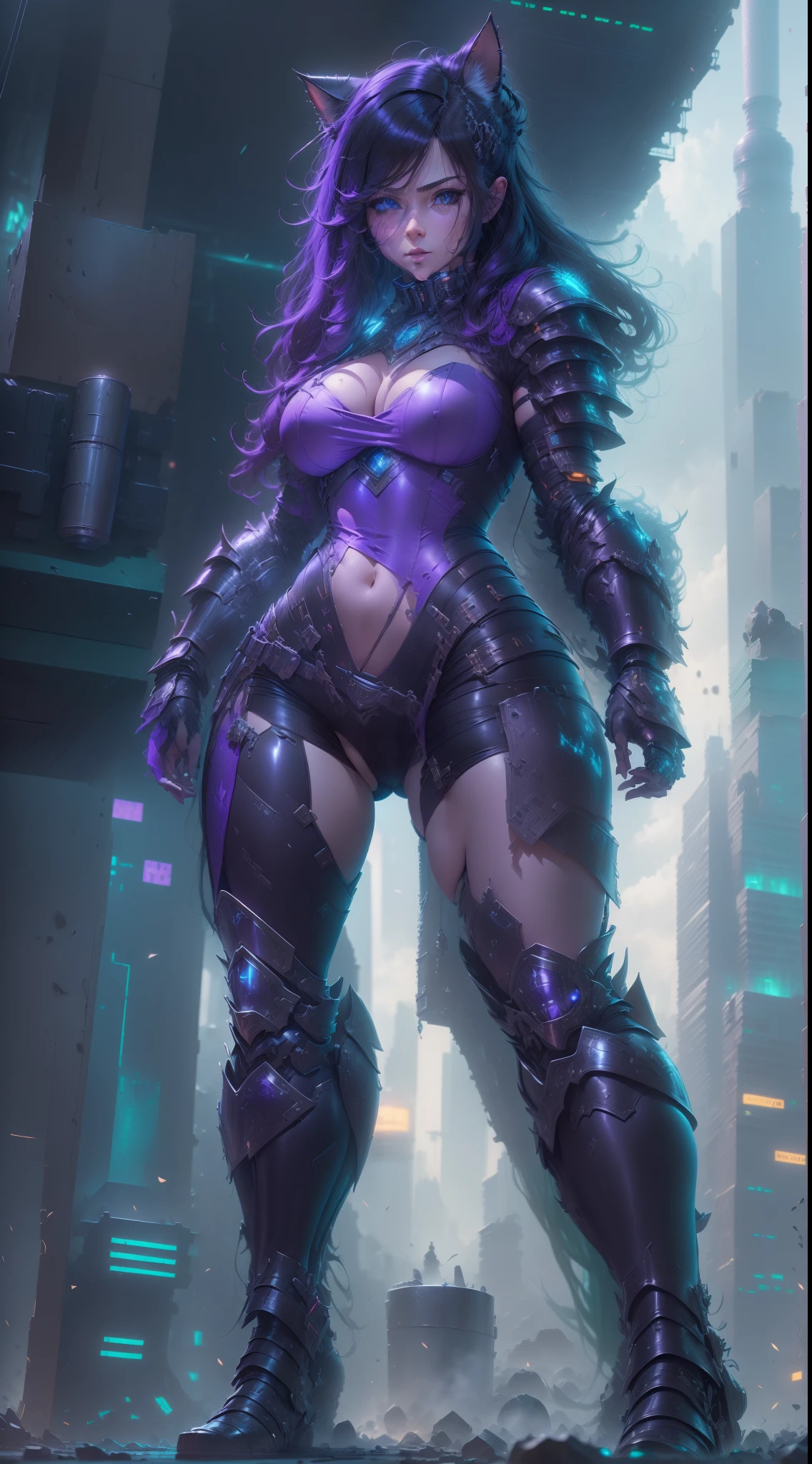 Masterpiece, high quality, UHD, 8000k, , full body, full face, skimpy latex armor, cyberpunk, futuristic skyscrapers background, Futuristic, black long hair, pony hair cut, purple led armor, robot cat ears, lewd look, lewd armor, tight clothes visible cameltoe,