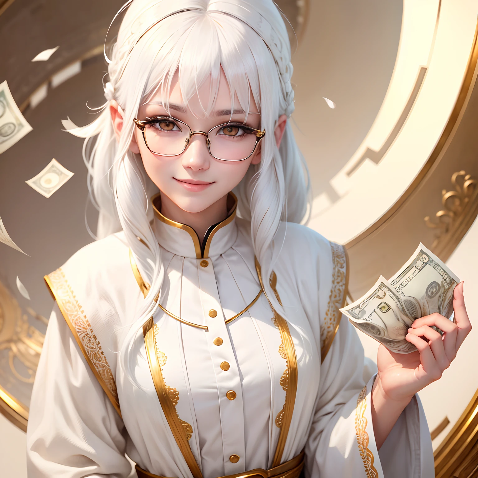 best quality, white hair, gold eyes, white clothes, looking up, upper body, hair strand, Fair skin, smiling, eye glasses, Throw money