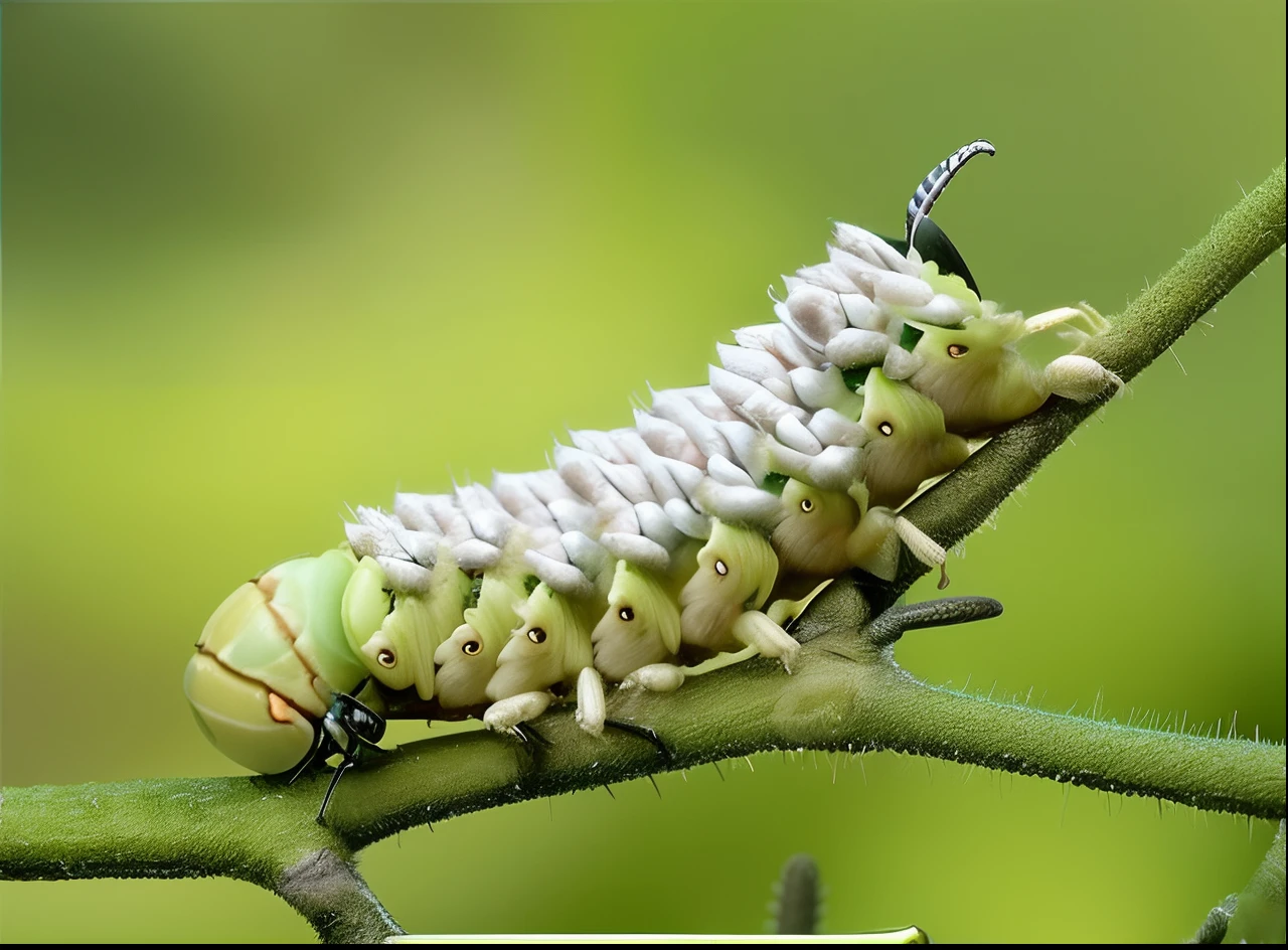 There is a catering service that is sitting on a branch with a green background, que parece un insecto, 8K macro photography, La oruga, hiperdetallado!!, Award-winning macro photography, Darth Vader como una oruga., hiperdetallado!!!, Detallado. insecto como, The strangest hybrid animals, Strange giant insects, Las mejores criaturas horribles, foto macro, macro photography