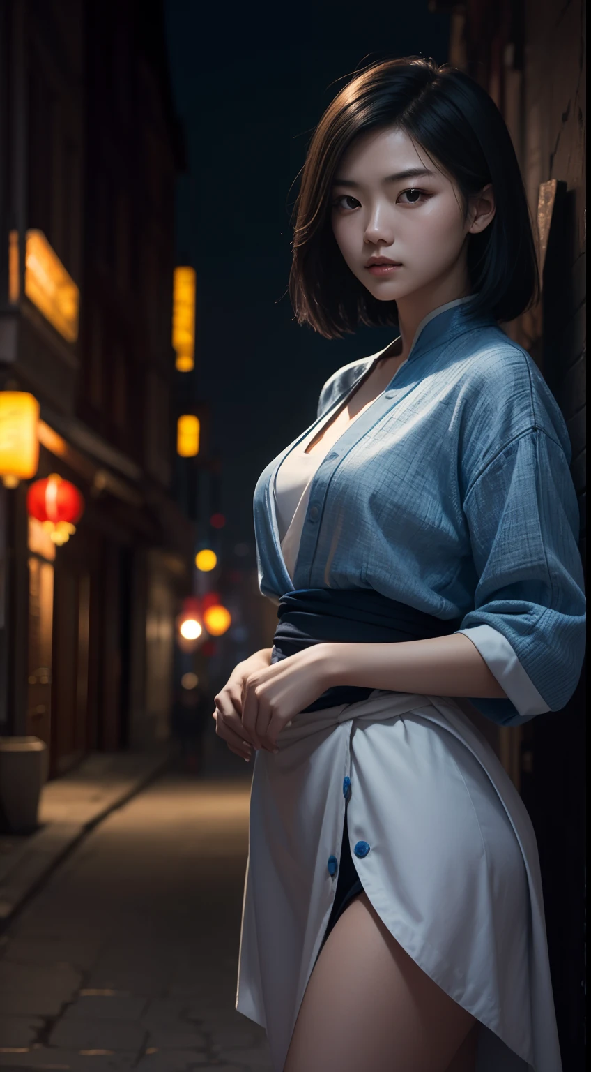 (A beautiful 20-year-old Chinese female assassin), (with short black hair), (Pale skin), (serious looking), (Wearing white and blue Assassin costumes), (city at night background), seen from the front, waist up shot, Dynamic pose, Ambient lighting, Photo realism, intricate face details, Intricate hand details, Highly detailed, Vibrant colors, Cinematic, High definition, Popular on art sites - original style