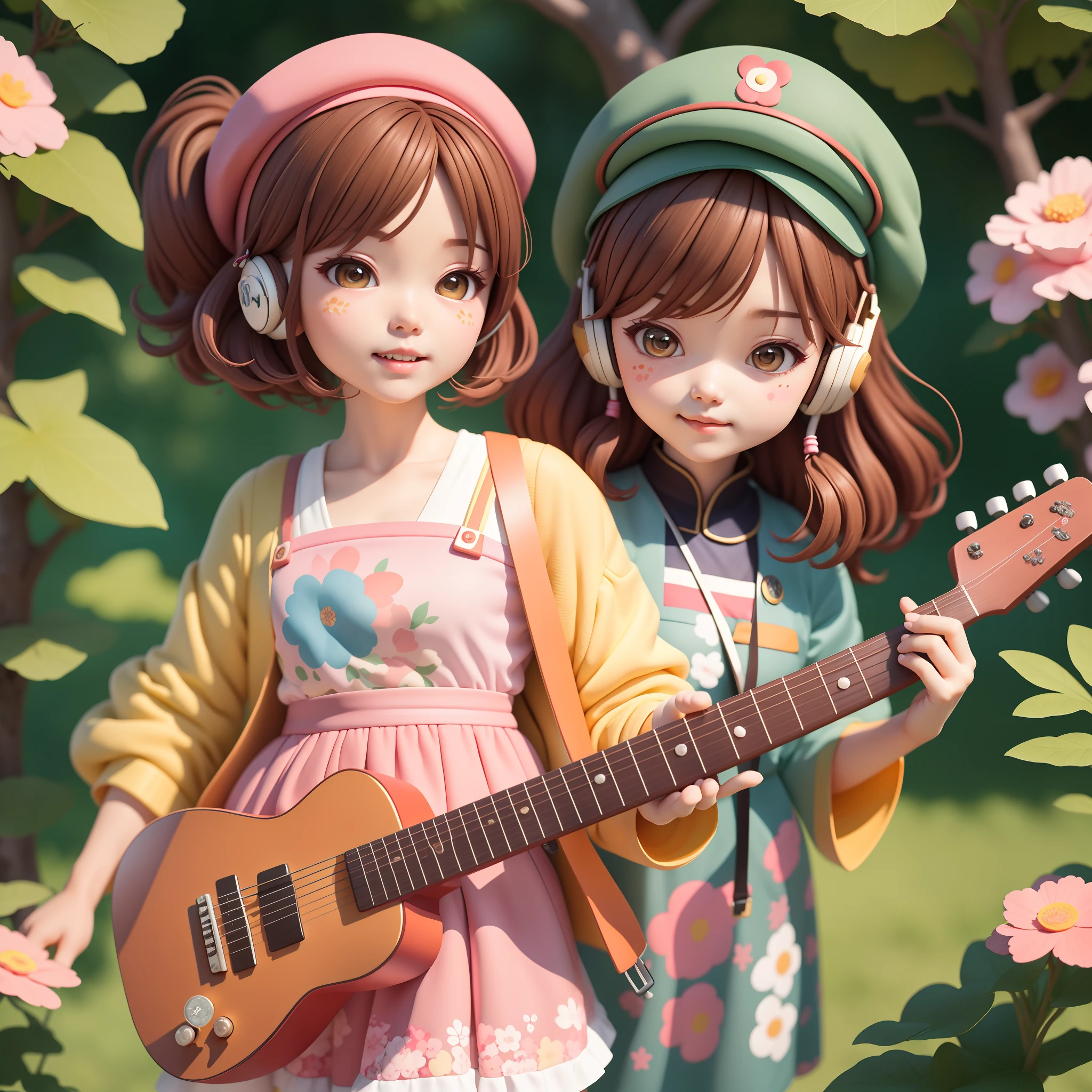 (Daisaku),(Need),(Super meticulous),(full bodyesbian:1.2),1girl,tchibi,adolable,ssmile,Open-mouthed,florals,exteriors,plays the guitar,Music,beret,Hold the guitar,Manteau,Blushlush,The tree,:3,The shirt,short detailed hair,SakuraNS,red headgear,Blurred,A brown-haired,Blush stickers,longer sleeves,By bangs,Earphone,brunette color hair,pinkflower,(beautiful  detailed face),(美丽细致的眼睛),