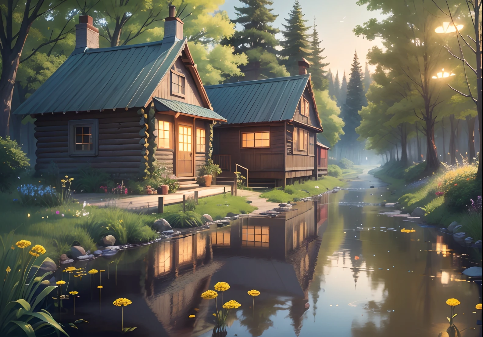Countryside at night, winding cobblestone roads (1.4), roadsides overgrown with dandelions (1.2). In the distance, there is a small cabin, and the lights in the house shine through the window in the pond behind the house. Fireflies fall on dandelions. Shinkai Makoto style, extreme detail, HD, masterpiece, best quality, (very detailed CG unified 8k wallpaper)