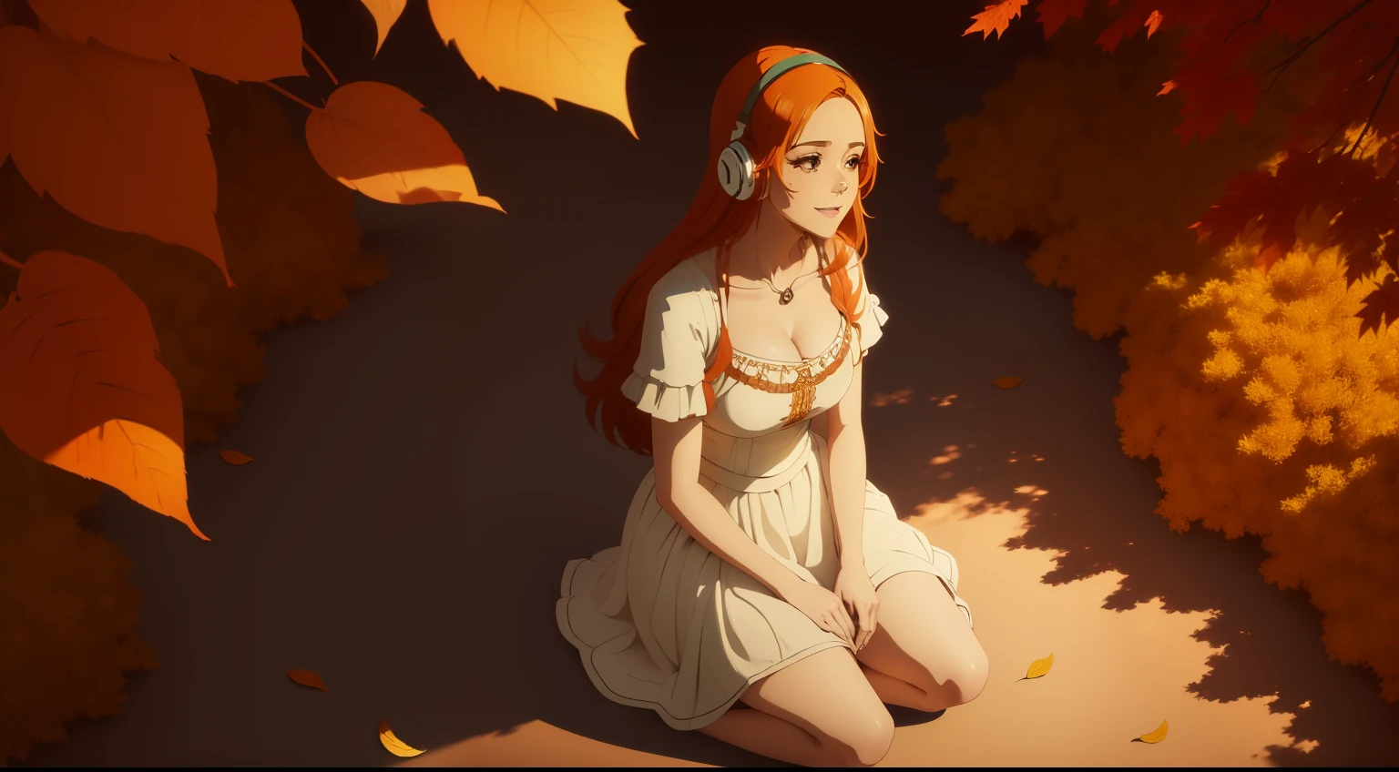 1 girl, From above, ((seios muito pequenos)), ((headphone branco)), (with bohemian dress without necklines), (cabelo ginger), uma mulher linda com sutil sorriso, pele brilhante detalhada, meditation sitting on the floor in lotus posture, in a forest full of autumn trees with leaves in shades of orange and red. O solo coberto de folhas cria uma atmosfera calma