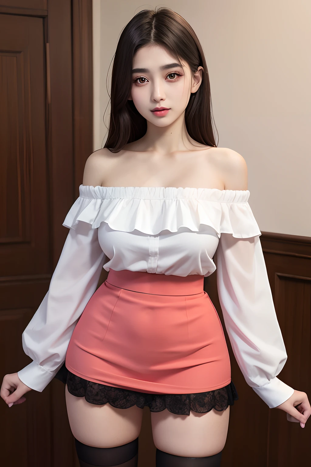 a beautiful 17yo Turki woman, off shoulder shirt, high waist short skirt ,naughty, thighhighs